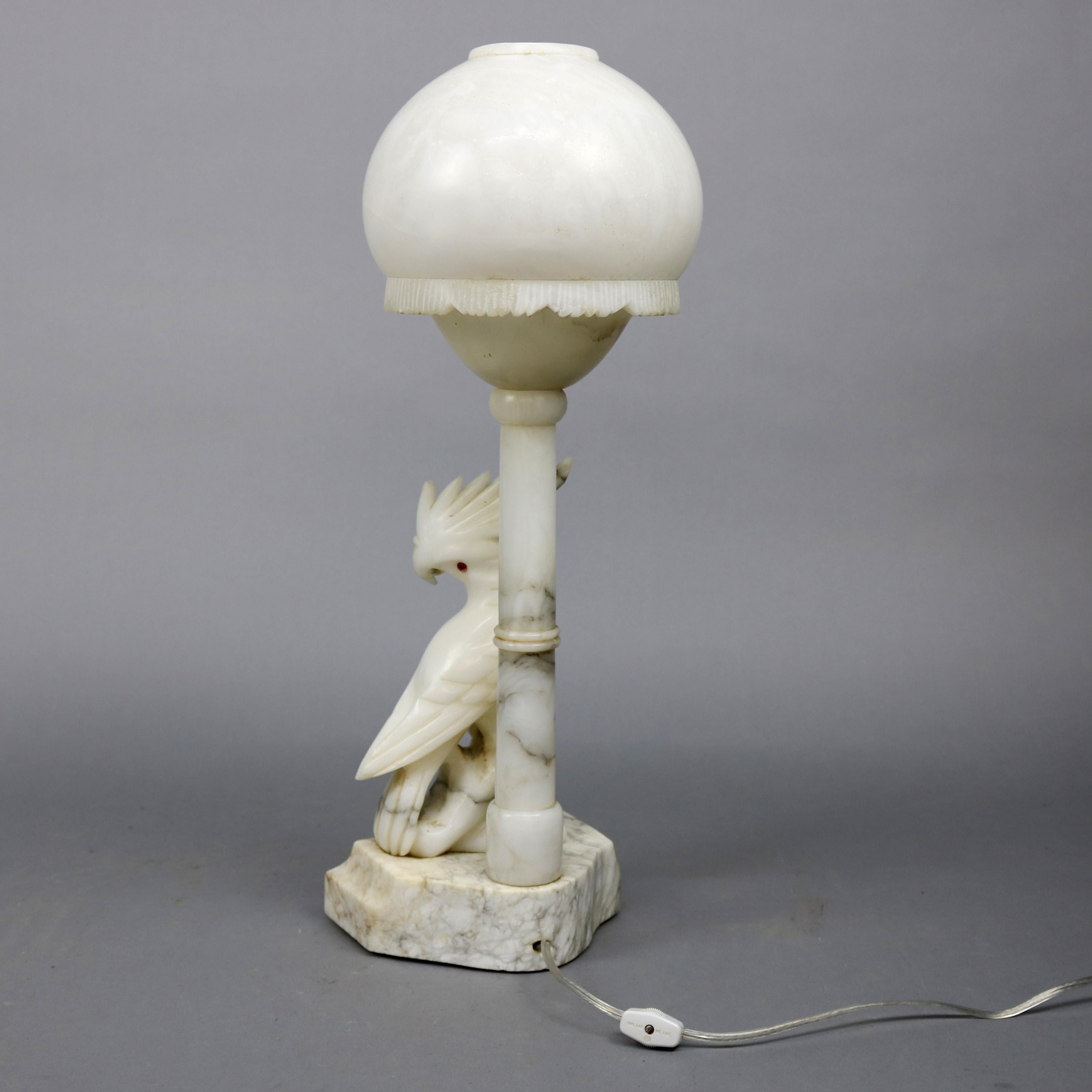 Large Carved Italian Marble and Alabaster Figural Cockatoo Lamp, circa 1930 3