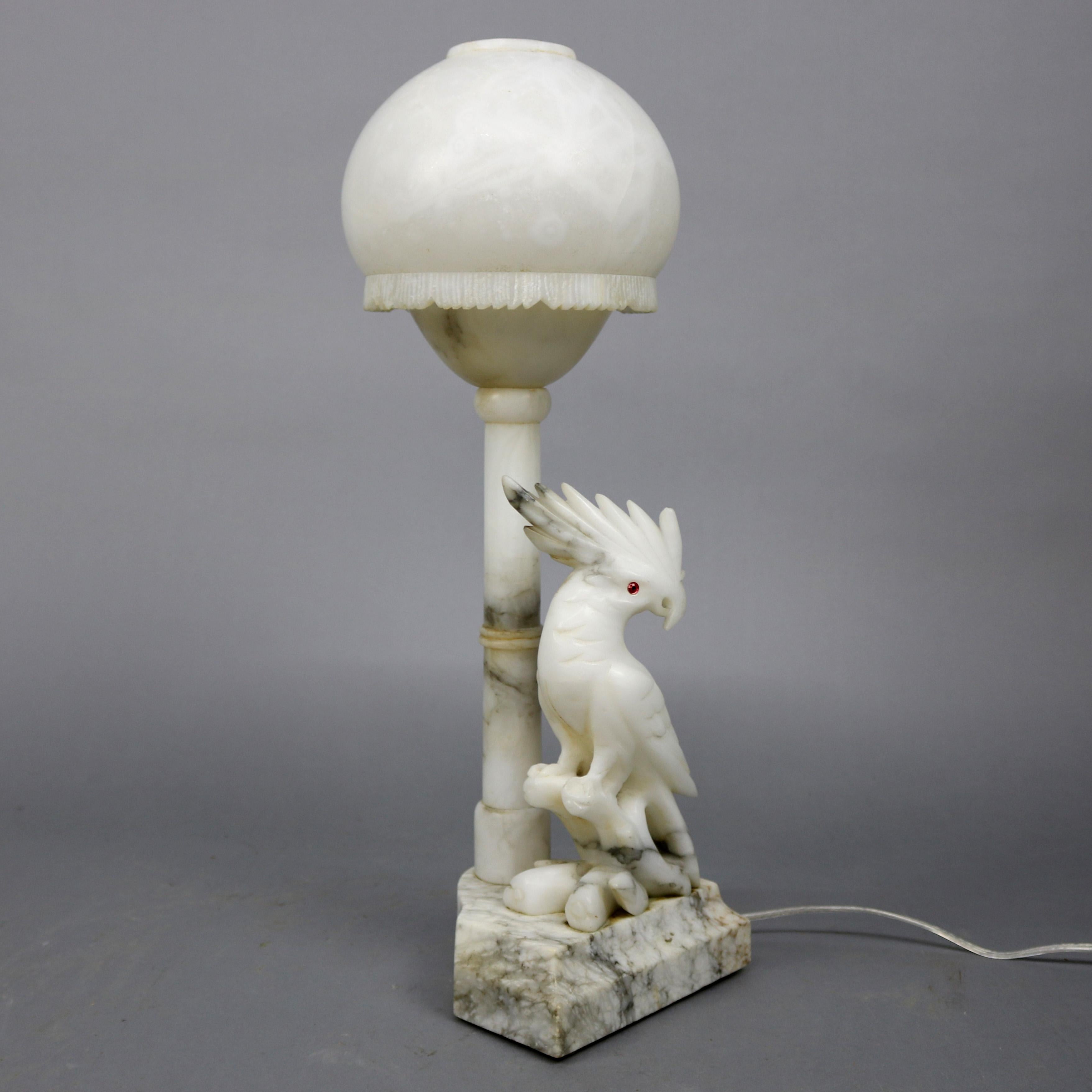 Large Carved Italian Marble and Alabaster Figural Cockatoo Lamp, circa 1930 5