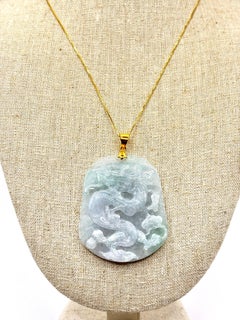 Large Vintage Carved Jadeite Jade Dragon Pendant 24K Fine Gold Bail, Certified
