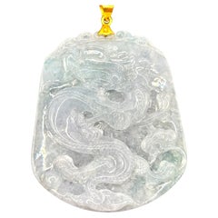 Large Vintage Carved Jadeite Jade Dragon Pendant 24K Fine Gold Bail, Certified