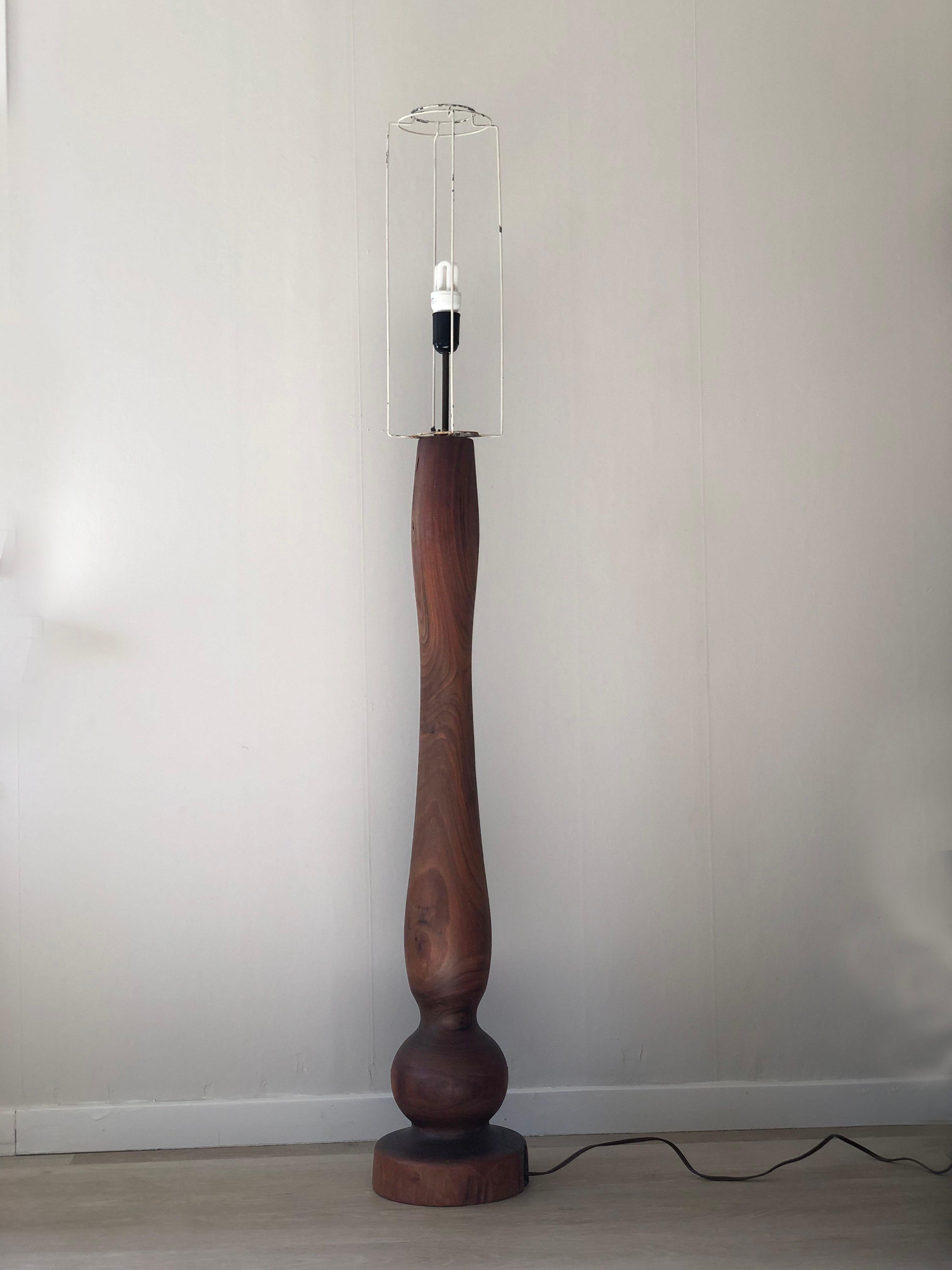 Large Vintage Carved Tree Trunk Floor Lamp with Linen Shade 1972 1
