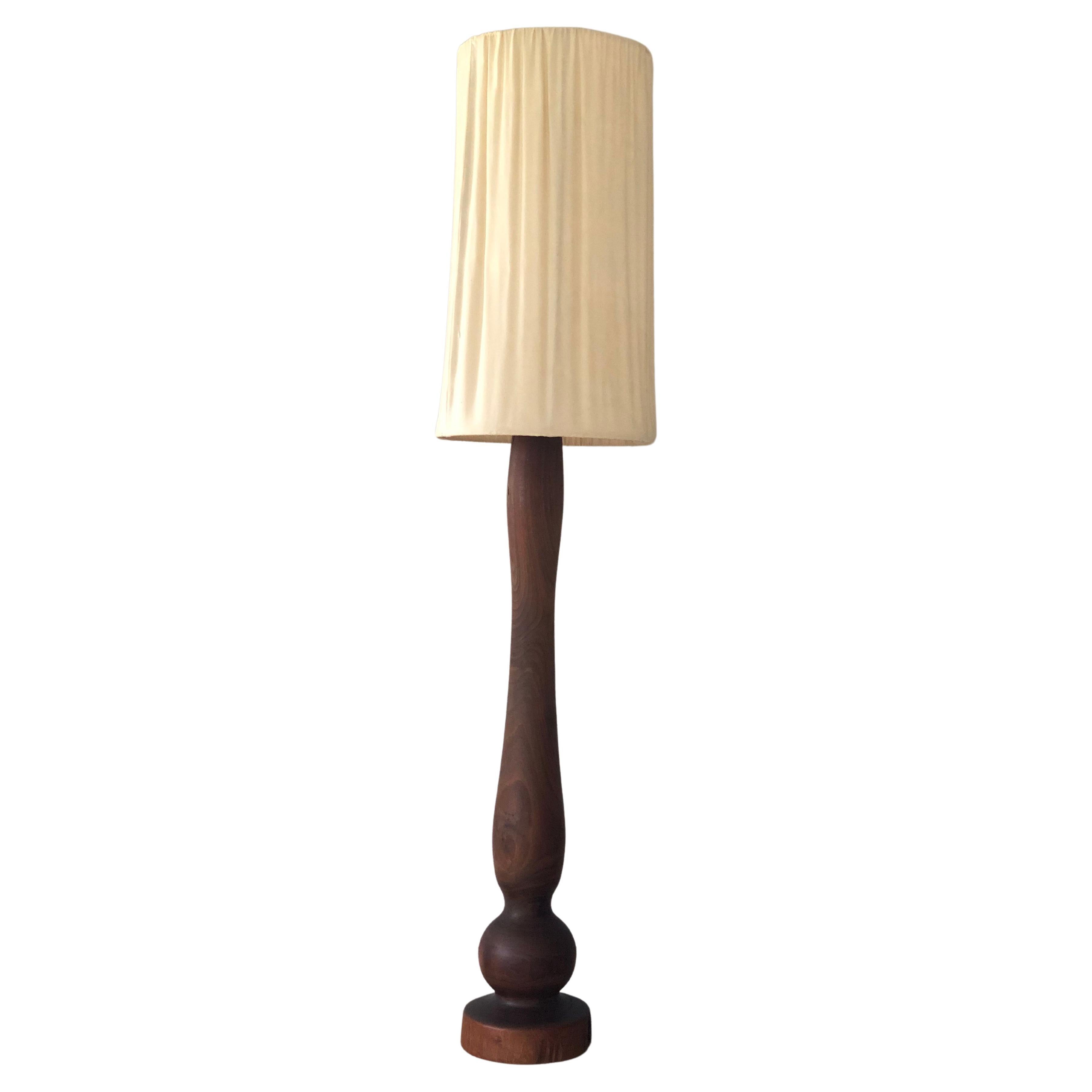 Large Vintage Carved Tree Trunk Floor Lamp with Linen Shade 1972