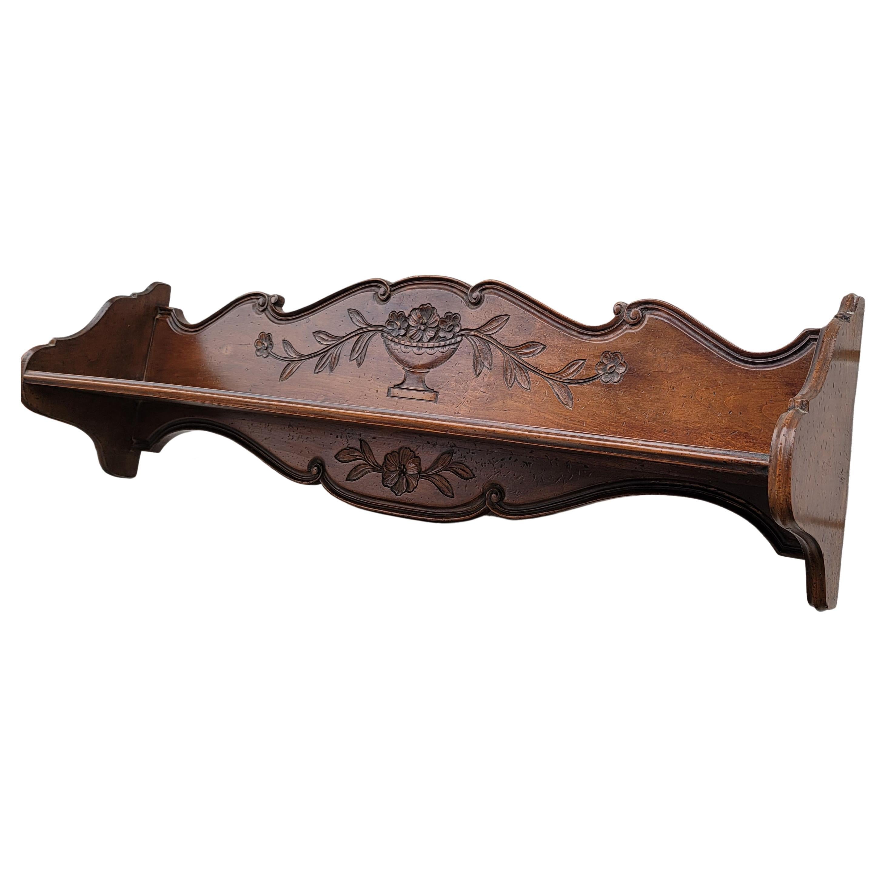 French Provincial Large Vintage Carved Walnut French Wall Shelf For Sale