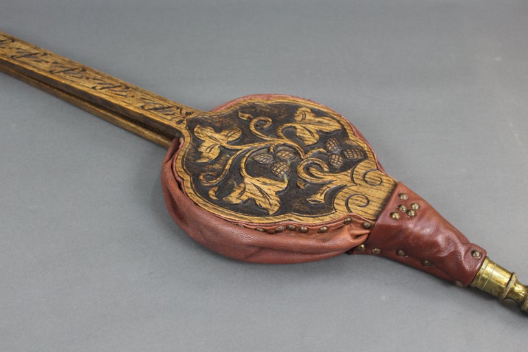 Large Vintage Carved Wood and Leather Fire Bellows at 1stDibs