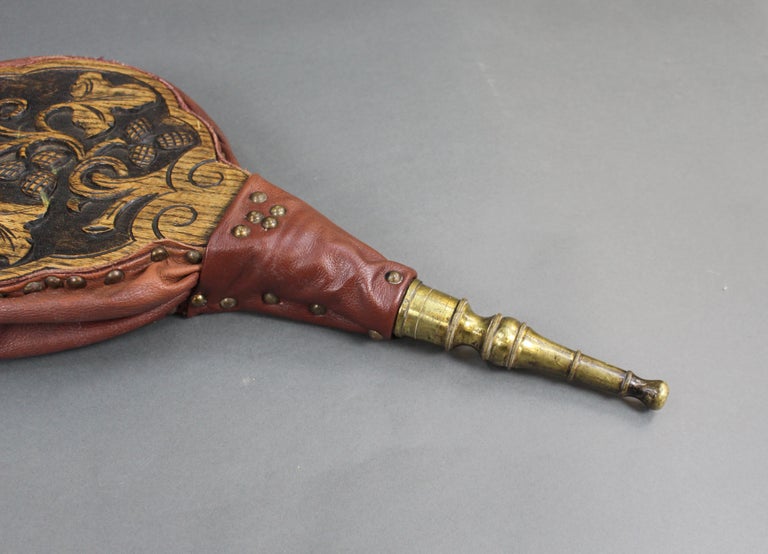 Large Vintage Carved Wood and Leather Fire Bellows at 1stDibs