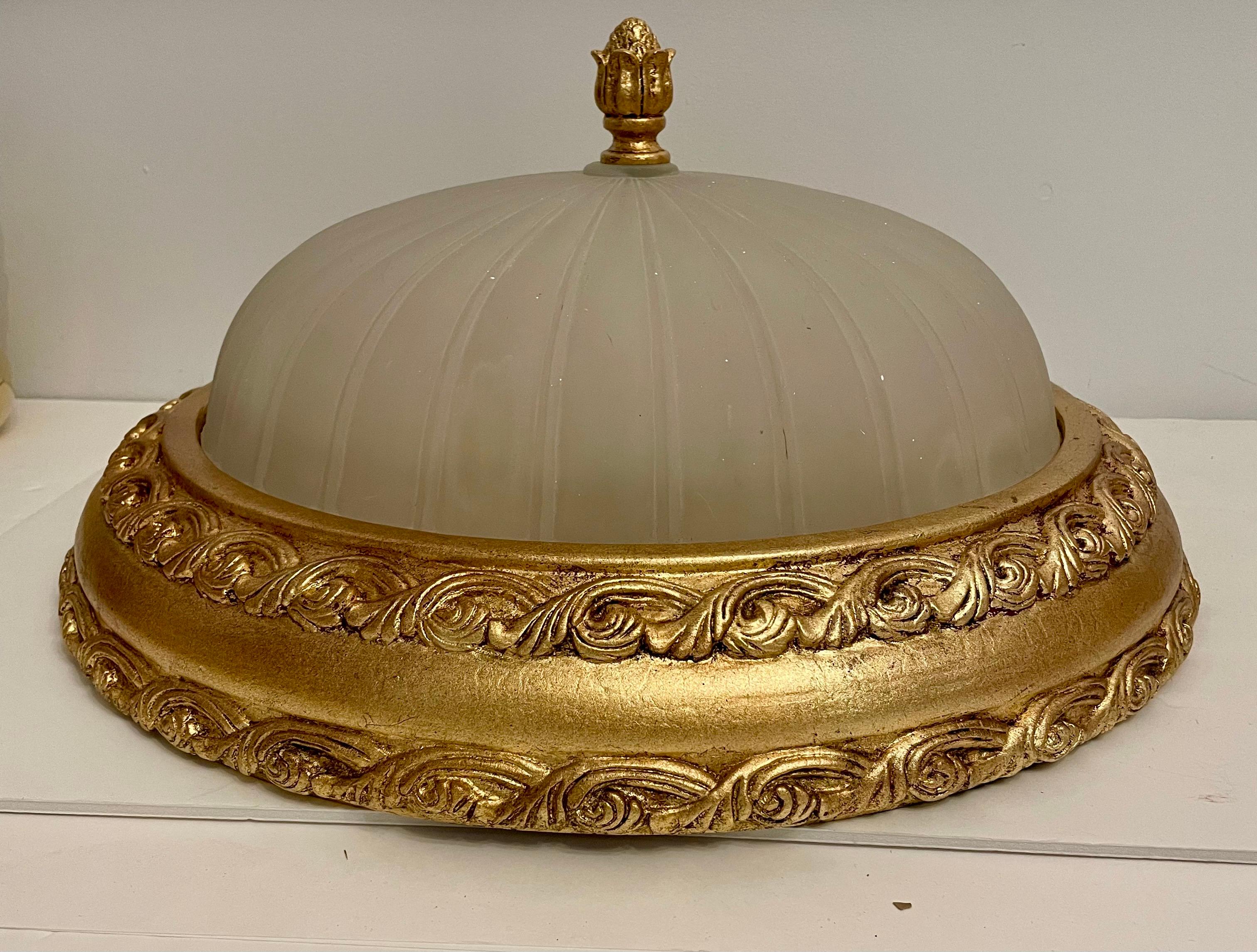 Hollywood Regency Large Vintage Cast Gilt Finish Flush Mount Chandelier For Sale