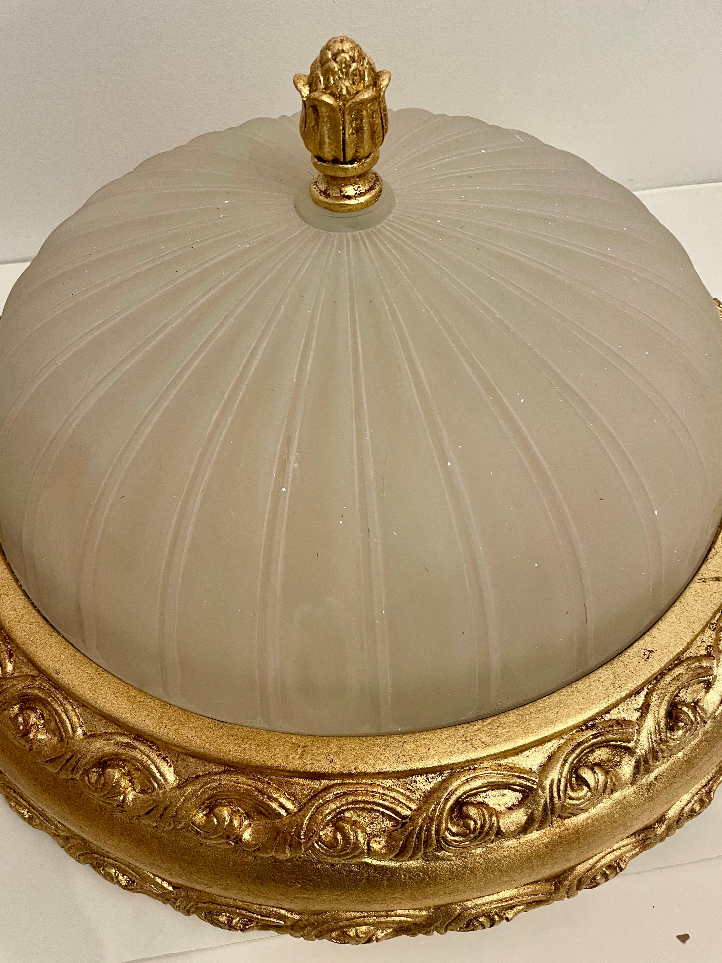 Italian Large Vintage Cast Gilt Finish Flush Mount Chandelier For Sale