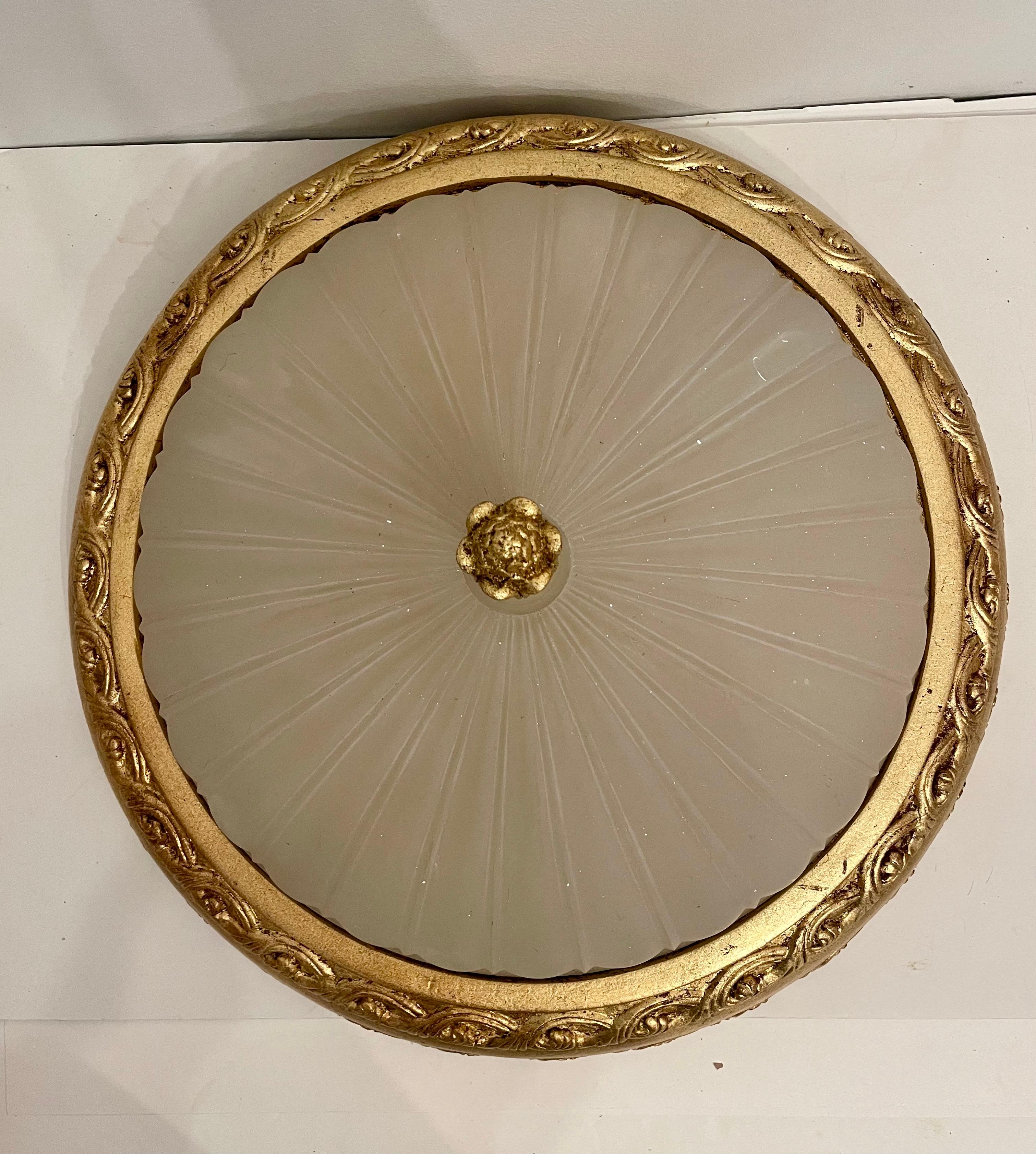 20th Century Large Vintage Cast Gilt Finish Flush Mount Chandelier For Sale