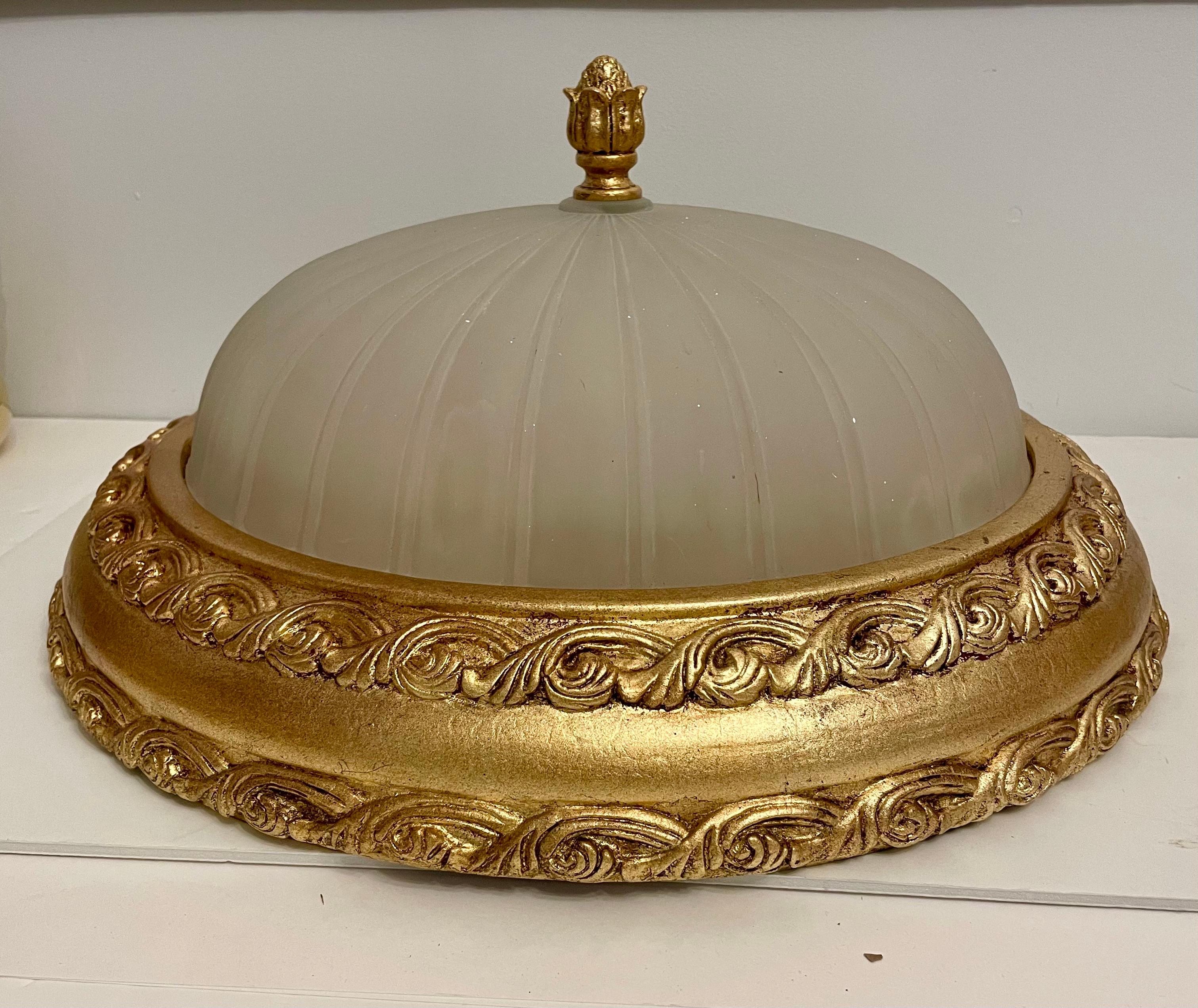 Large Vintage Cast Gilt Finish Flush Mount Chandelier For Sale 2