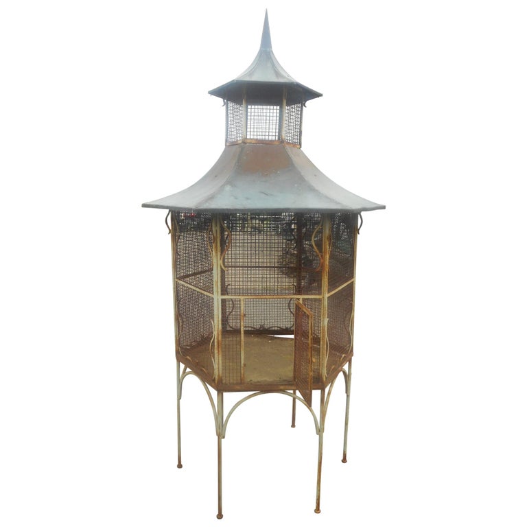 Large Vintage Cast Iron and Copper Bird Cage For Sale at 1stDibs
