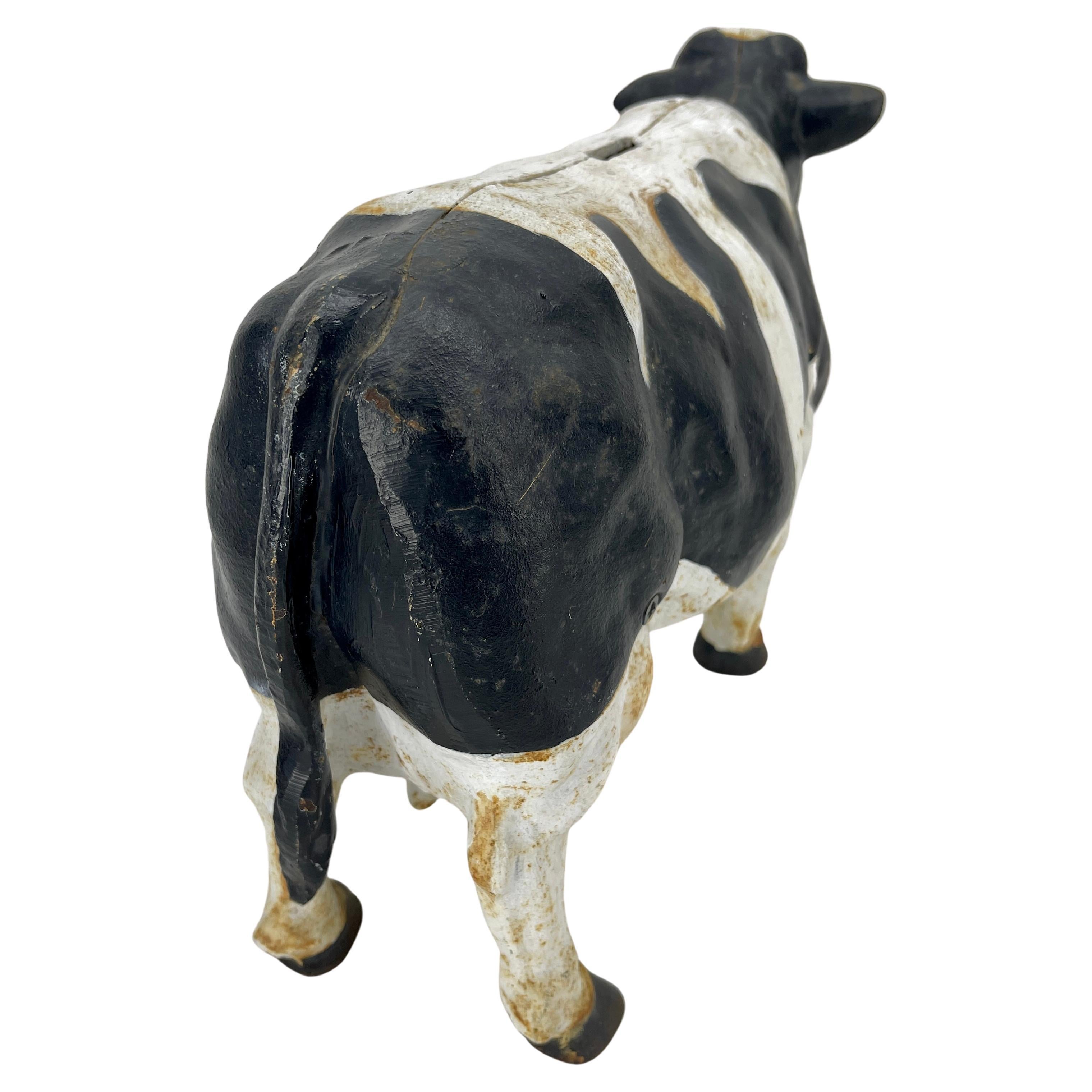 Large Vintage Cast Iron Black and White Piggy Money Bank Cow 2