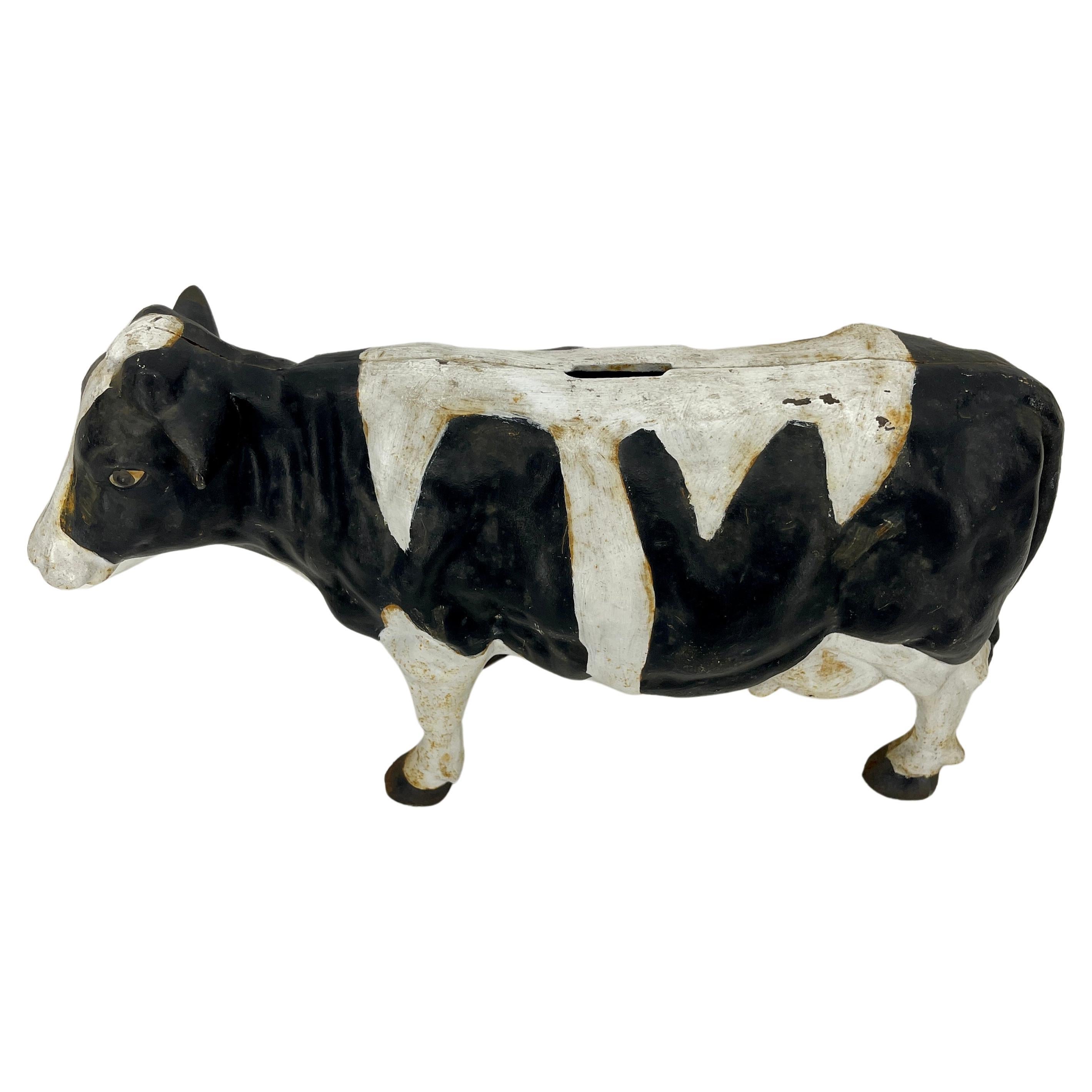 Folk Art Large Vintage Cast Iron Black and White Piggy Money Bank Cow