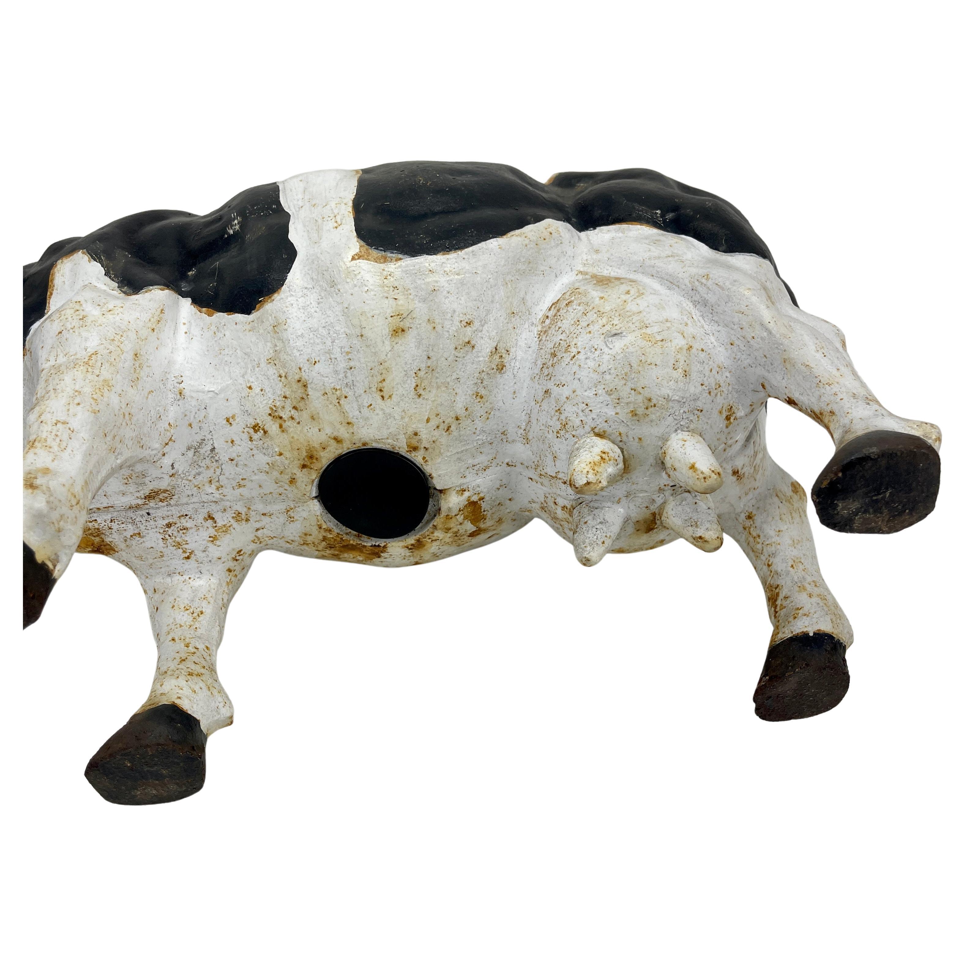 Large Vintage Cast Iron Black and White Piggy Money Bank Cow In Good Condition In Haddonfield, NJ