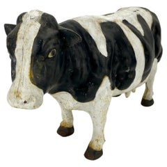 Large Vintage Cast Iron Black and White Piggy Money Bank Cow