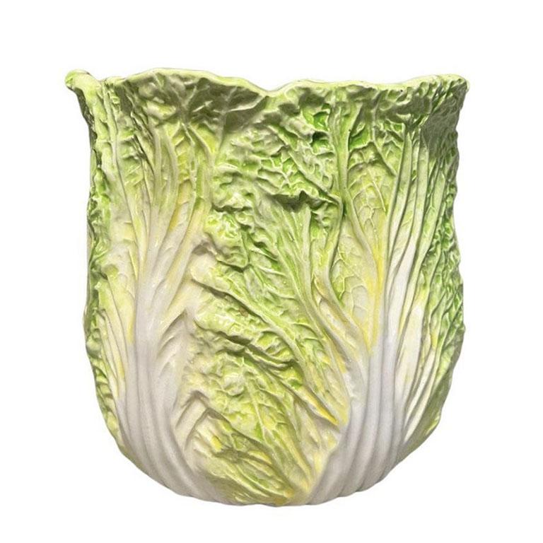 Hollywood Regency Large Vintage Ceramic Bok Choy Vase Hand Painted in Green and White For Sale