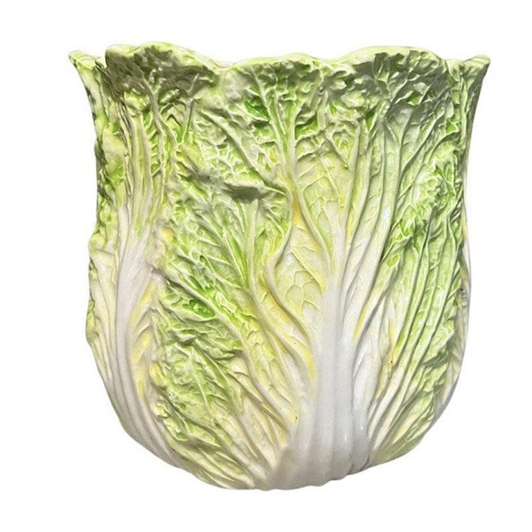 American Large Vintage Ceramic Bok Choy Vase Hand Painted in Green and White For Sale