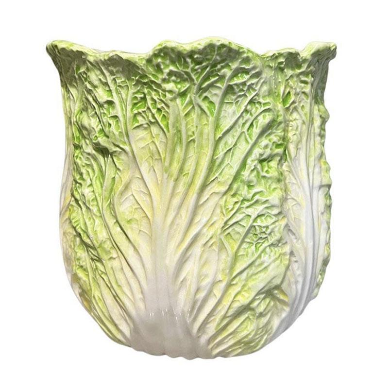 Large Vintage Ceramic Bok Choy Vase Hand Painted in Green and White In Good Condition For Sale In Oklahoma City, OK