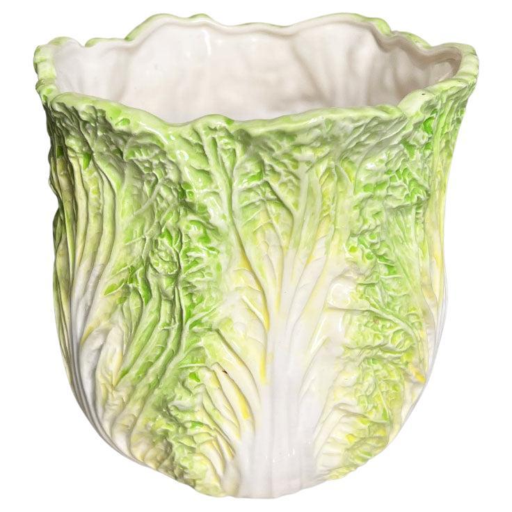 Large Vintage Ceramic Bok Choy Vase Hand Painted in Green and White For Sale