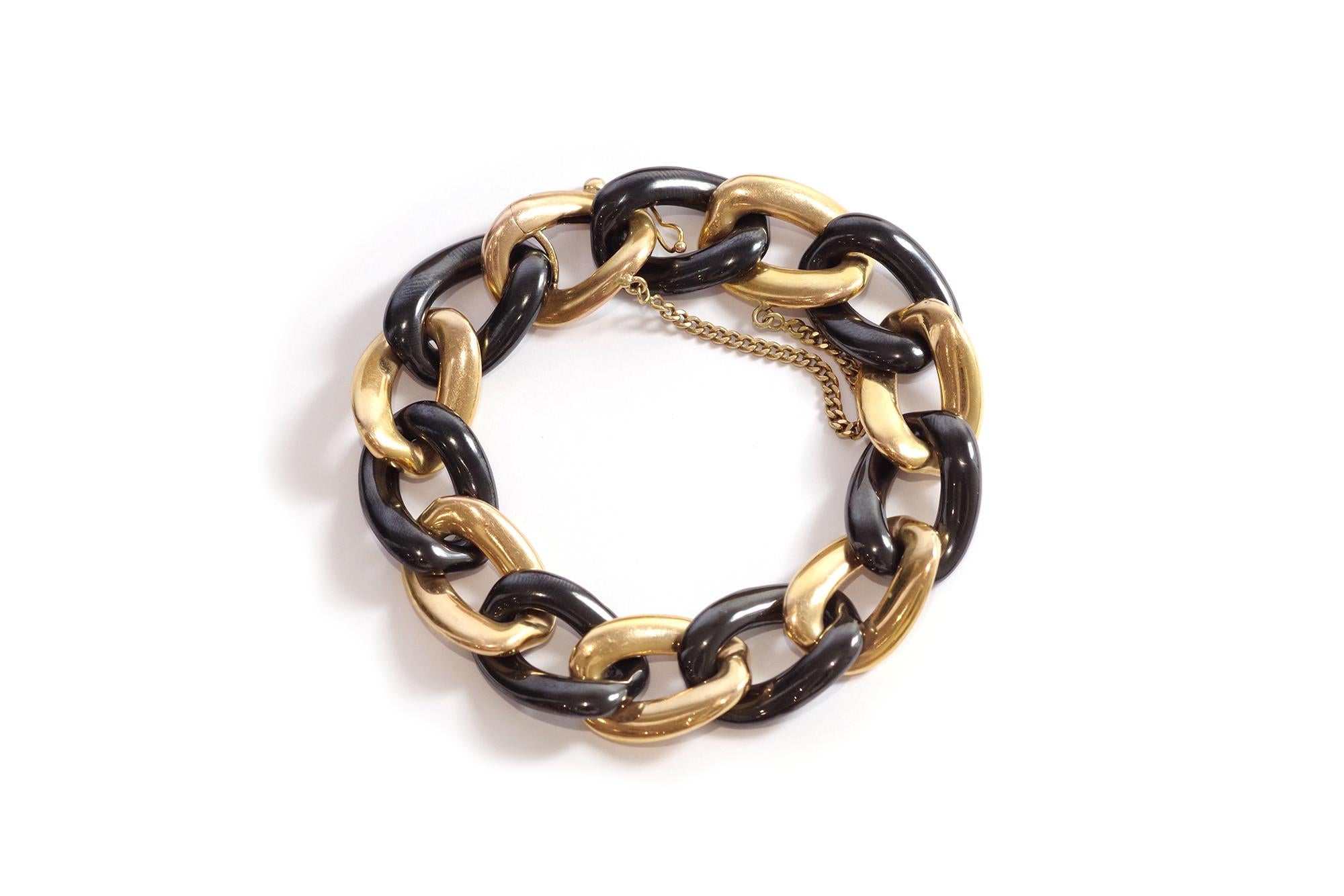 Uncut Large vintage 18k gold and black ceramic bracelet with curvy links