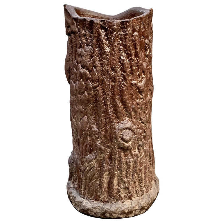 Large Vintage Ceramic Cold Painted Faux Bois Umbrella Stand