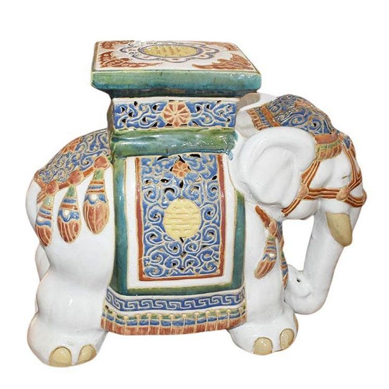 Chinese Large Vintage Ceramic Elephant Garden Stool or Table in Green and Cream