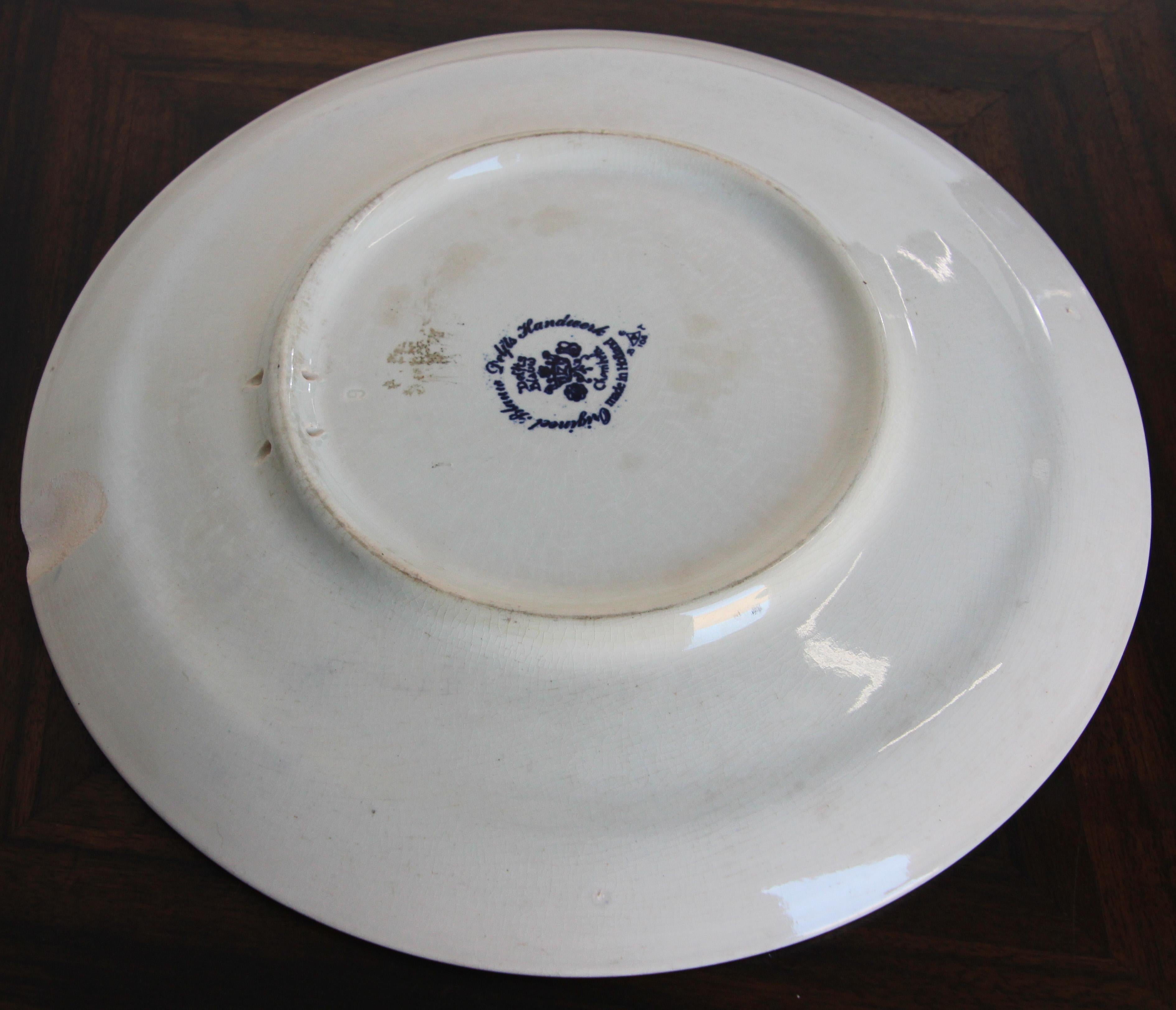 Large Vintage Ceramic Plate Blue and White Dutch Holland Delft Charger For Sale 2