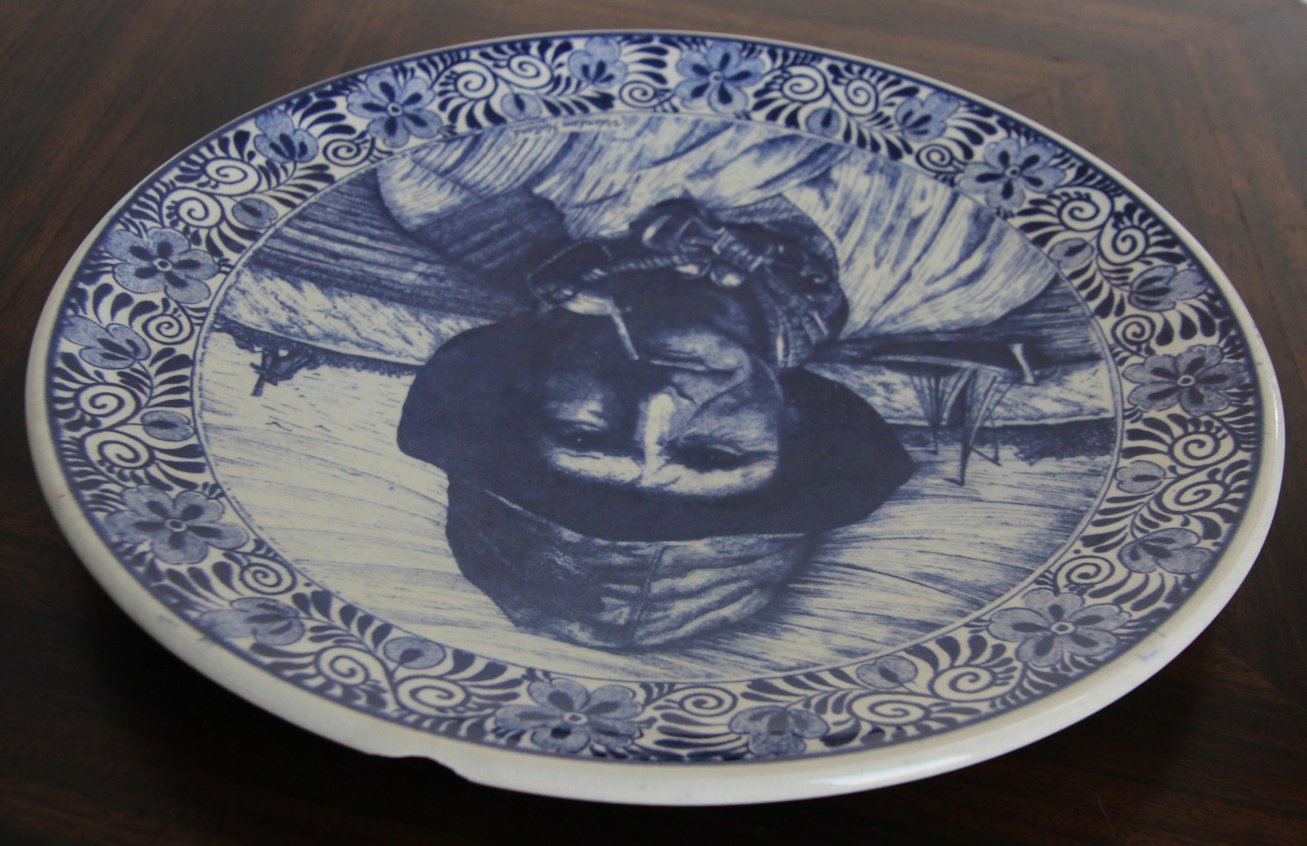 Large Vintage Ceramic Plate Blue and White Dutch Holland Delft Charger For Sale 3