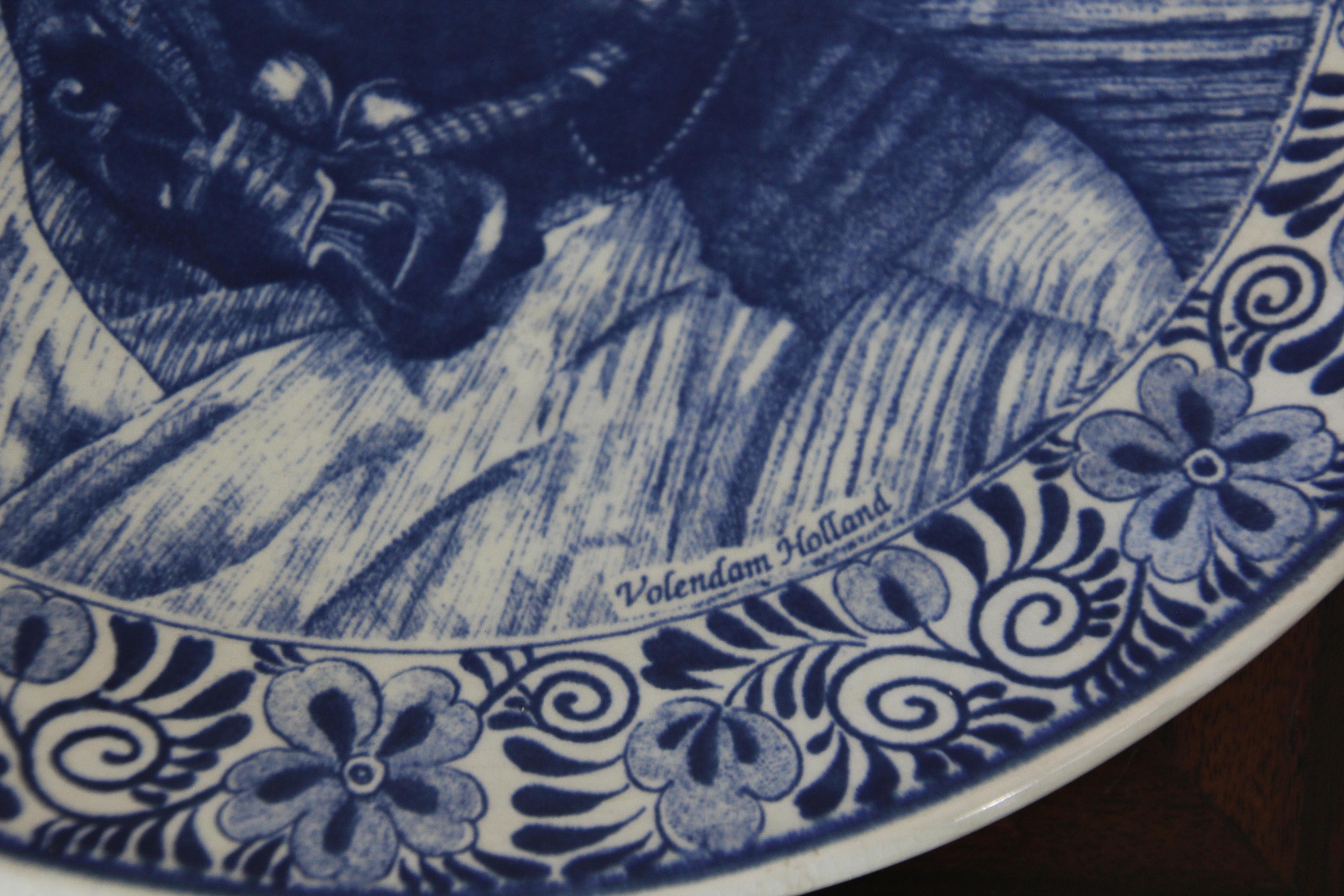 Folk Art Large Vintage Ceramic Plate Blue and White Dutch Holland Delft Charger For Sale