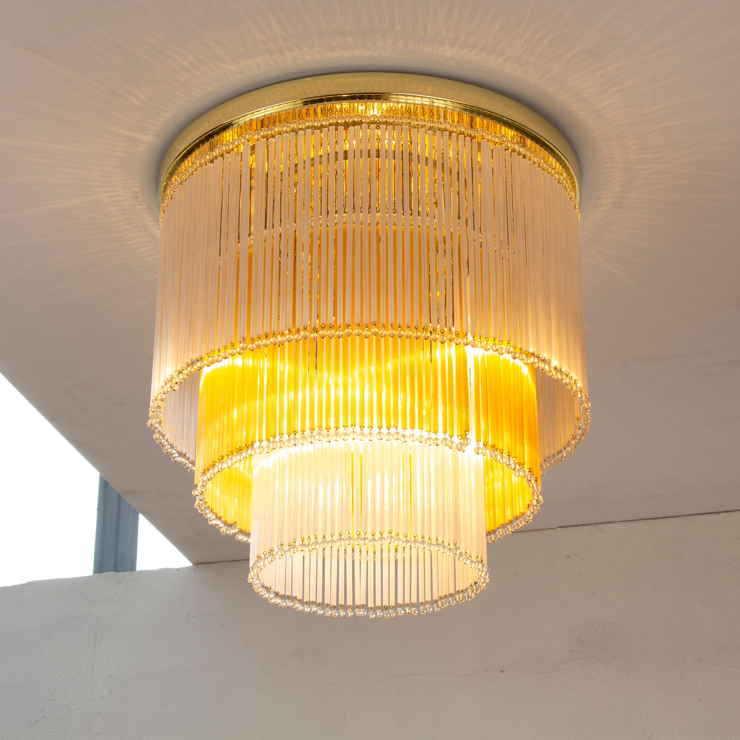 Metal Large Vintage Chandelier with silk and amber Glass Rods, Italy For Sale