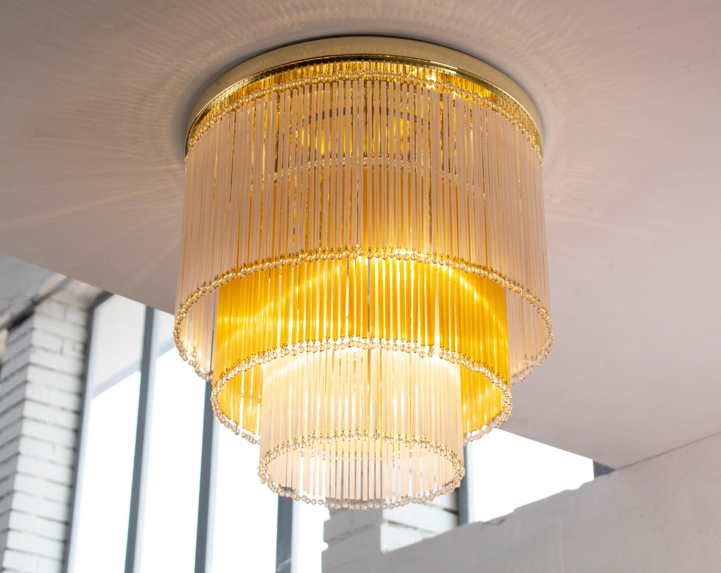Large Vintage Chandelier with silk and amber Glass Rods, Italy For Sale 1