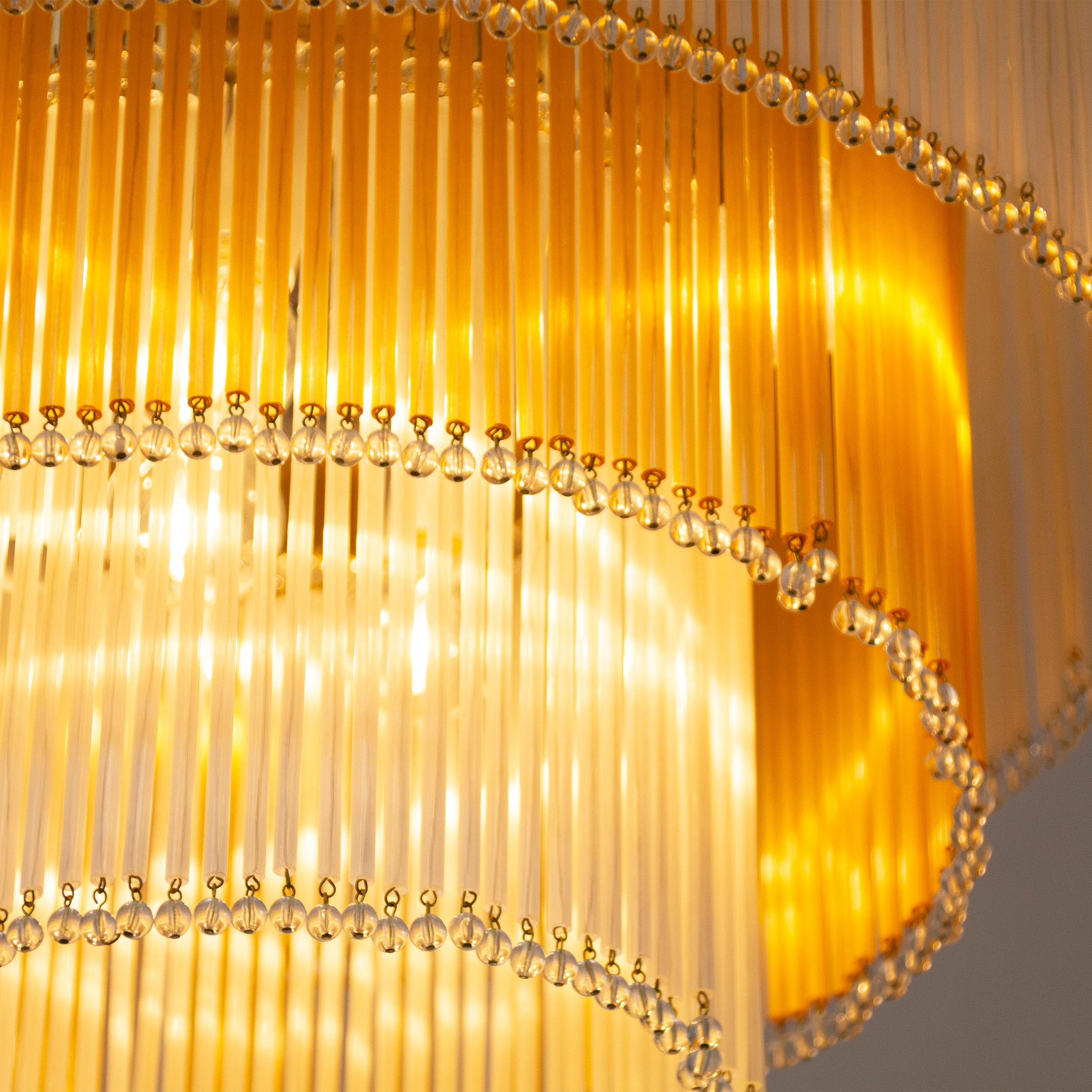 Large Vintage Chandelier with silk and amber Glass Rods, Italy For Sale 2