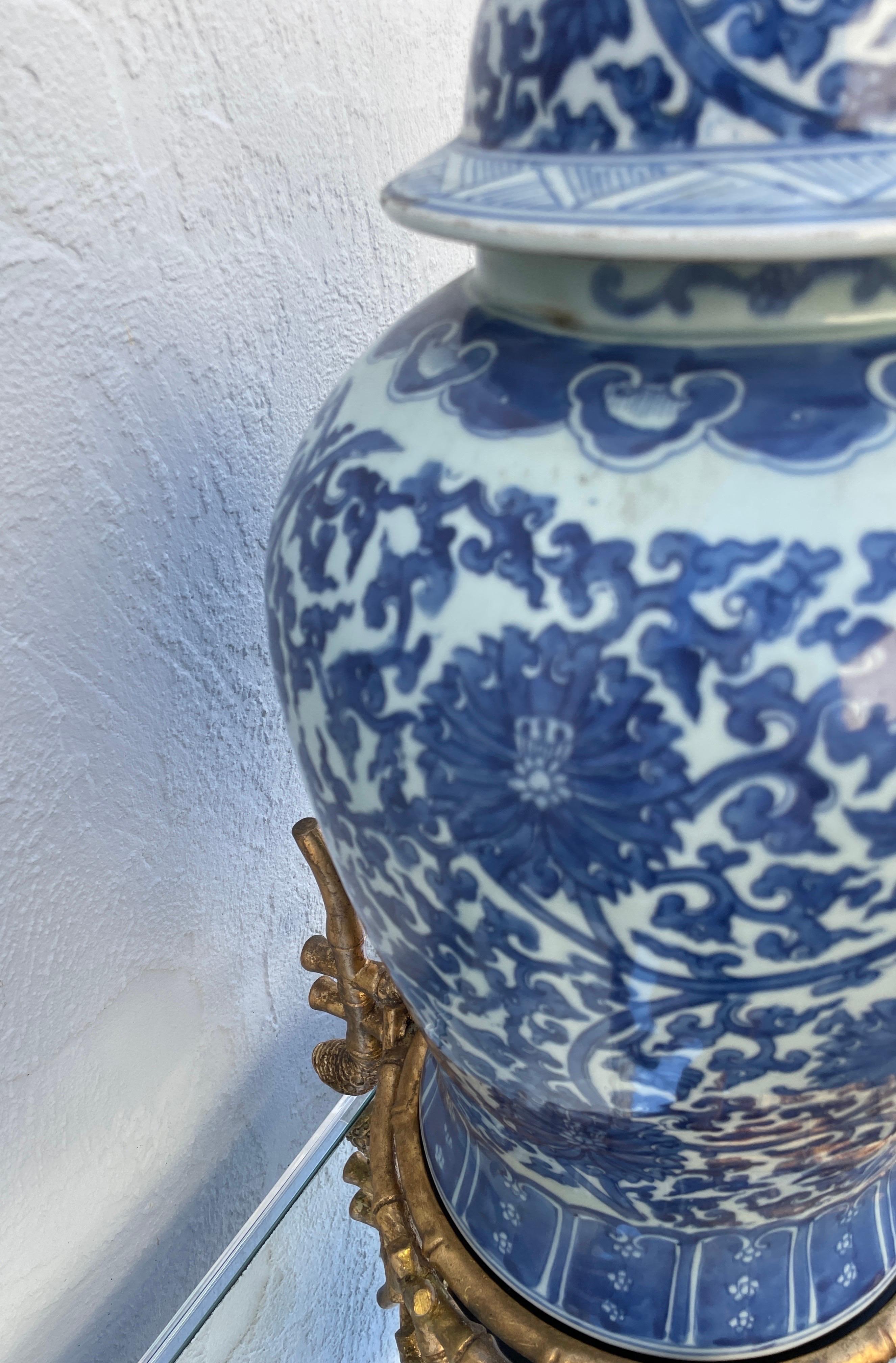 Porcelain Large Vintage Chinese Blue & White Ginger Jar on Gilded Stand For Sale