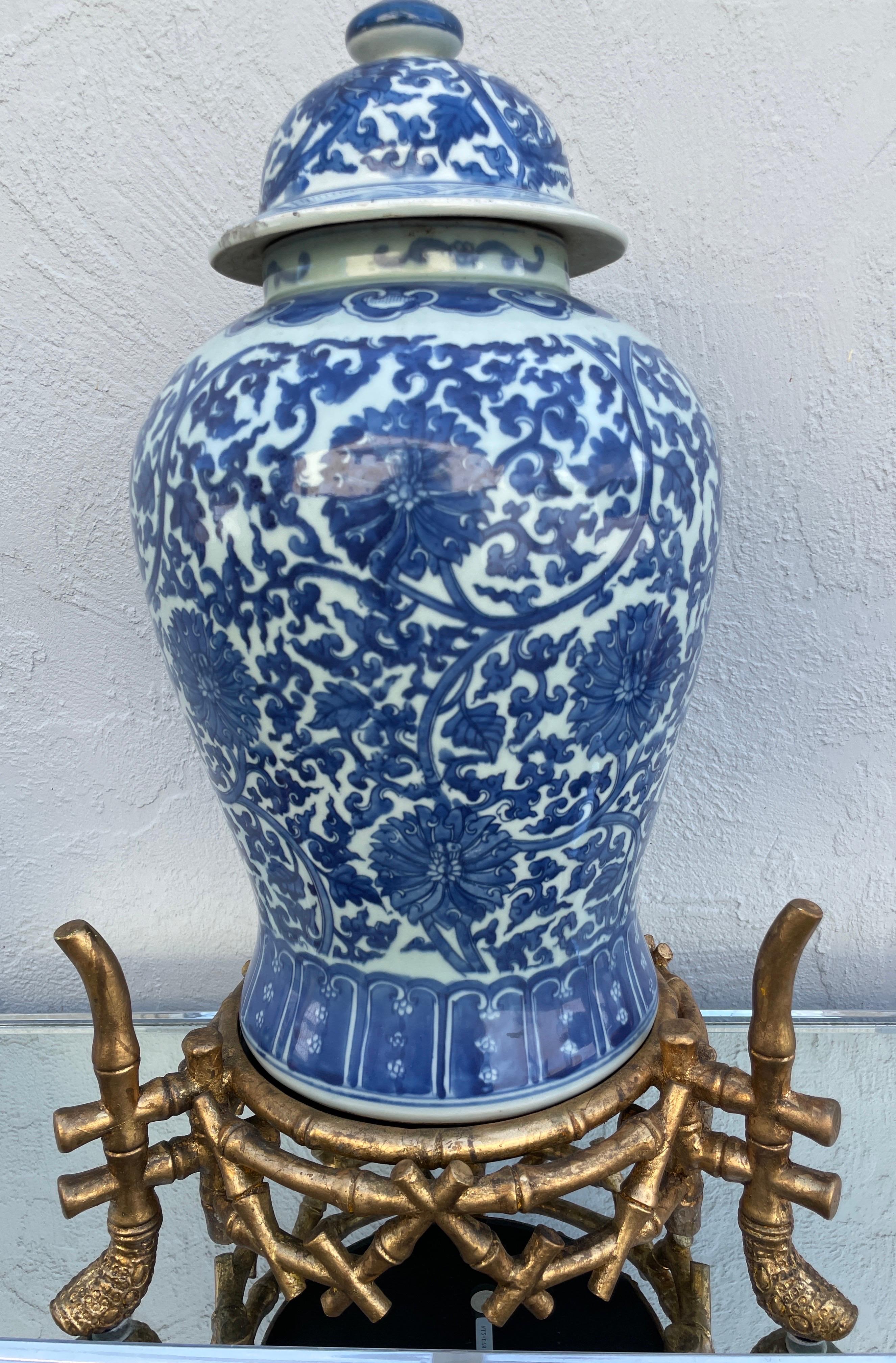 Large Vintage Chinese Blue & White Ginger Jar on Gilded Stand For Sale 1