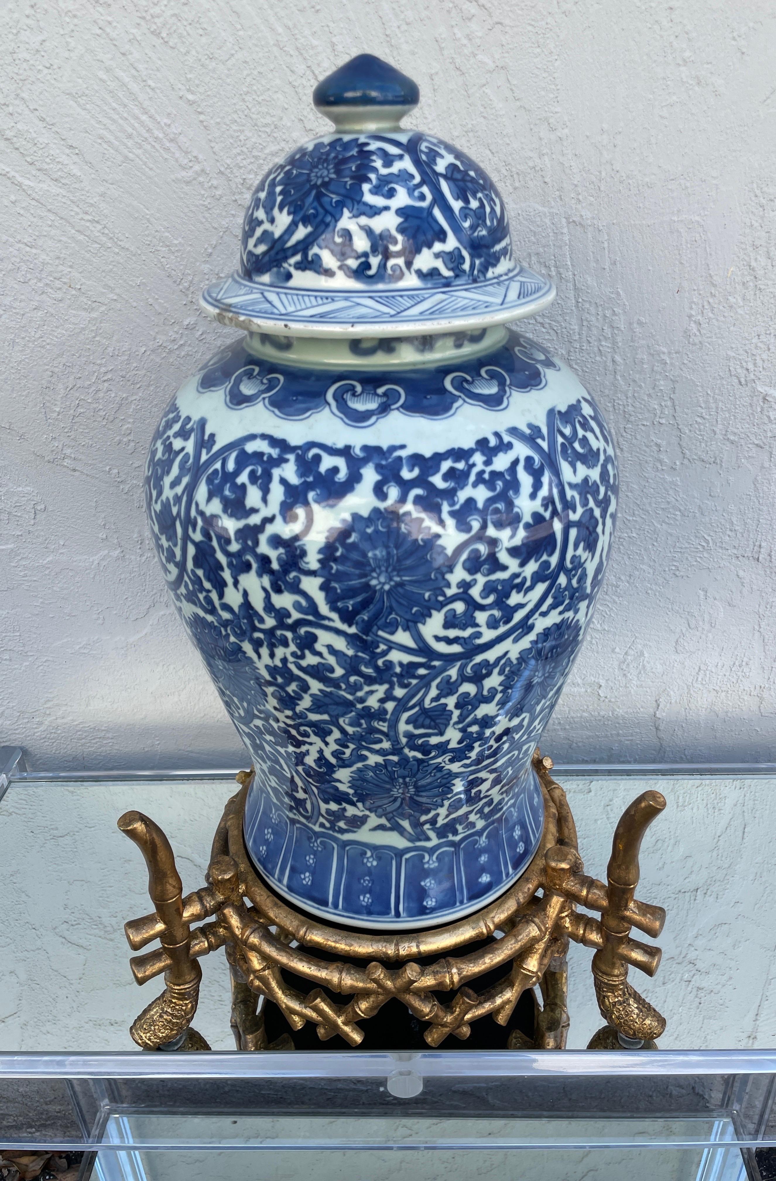 Large Vintage Chinese Blue & White Ginger Jar on Gilded Stand For Sale 2