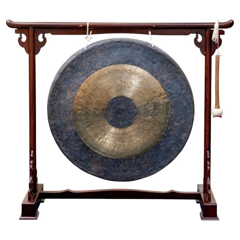 Large Vintage Chinese Bronze Gong On Stand