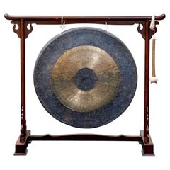 Large Vintage Chinese Bronze Gong On Stand