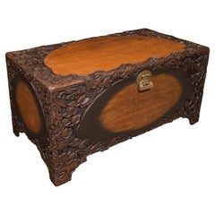 Large Vintage Chinese Carved Chest, Camphorwood Linen Trunk, Art Deco, C.1930