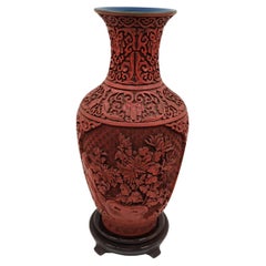 Large Vintage Chinese Carved Cinnabar Lacquer Style Vase on Stand Mid 20c 5/6/7