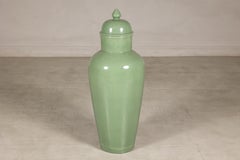 Large Vintage Chinese Celadon-Colored Crackle-Glazed Porcelain Covered Jar