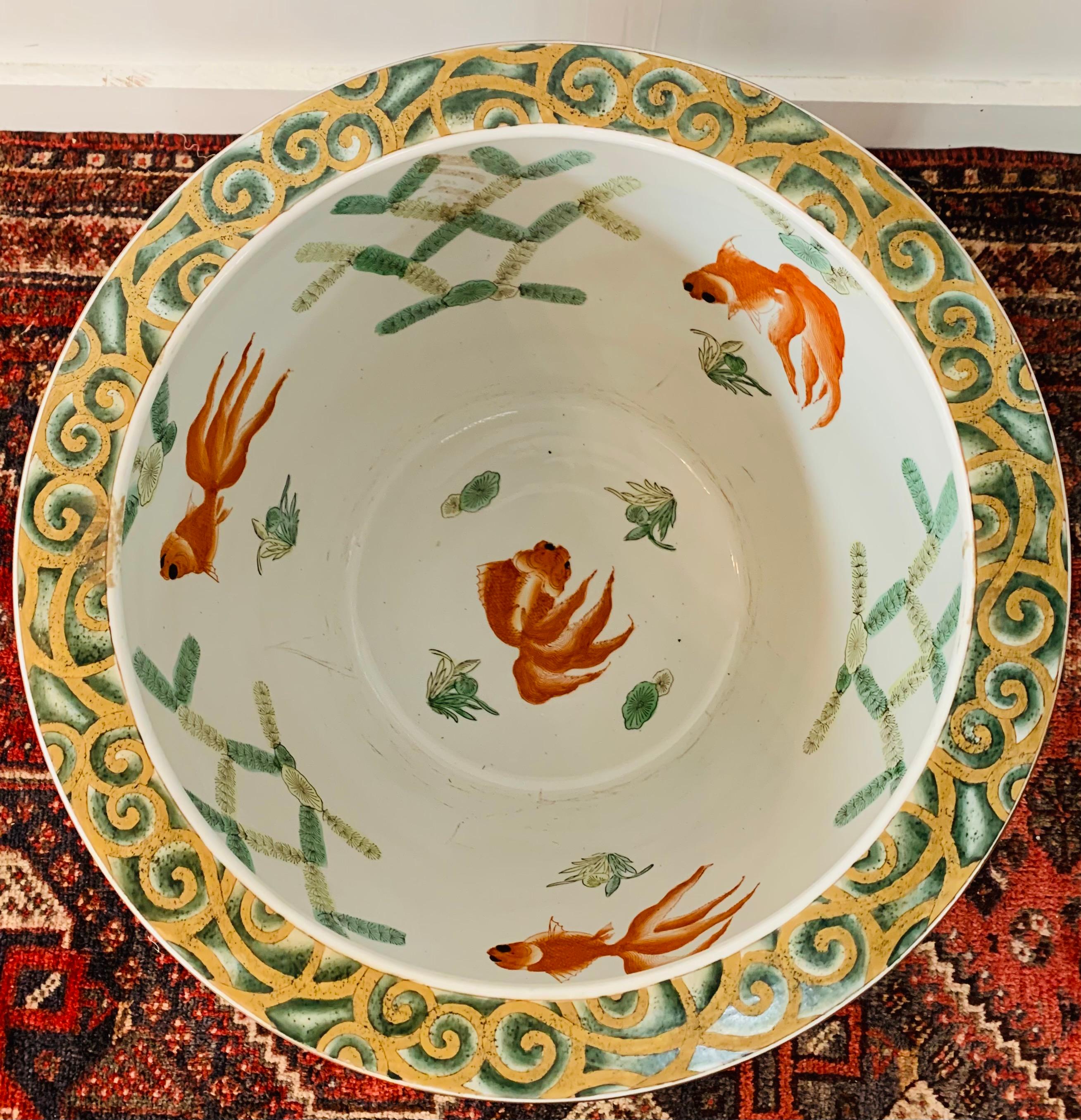 Mid-20th Century Large Vintage Chinese Green and Gold Jardinière, Fish Bowl or Planter For Sale