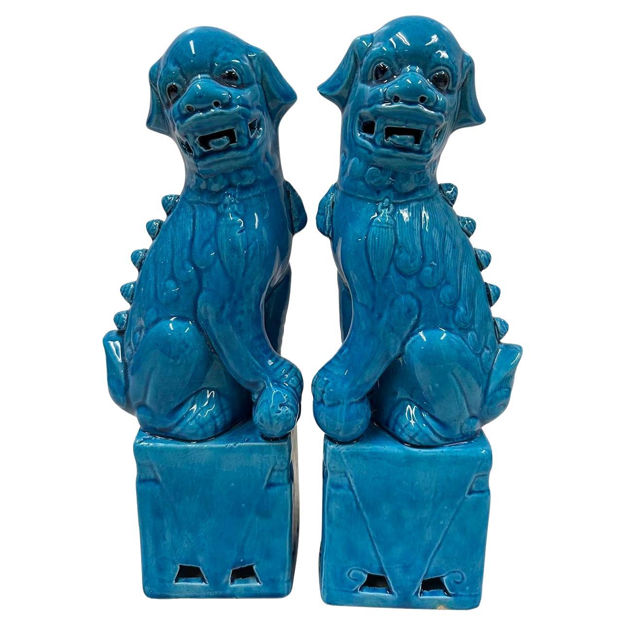 Large Vintage Chinese Porcelain Turquoise Foo Dog Figurines - a Pair