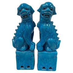 Large Vintage Chinese Porcelain Turquoise Foo Dog Figurines - a Pair