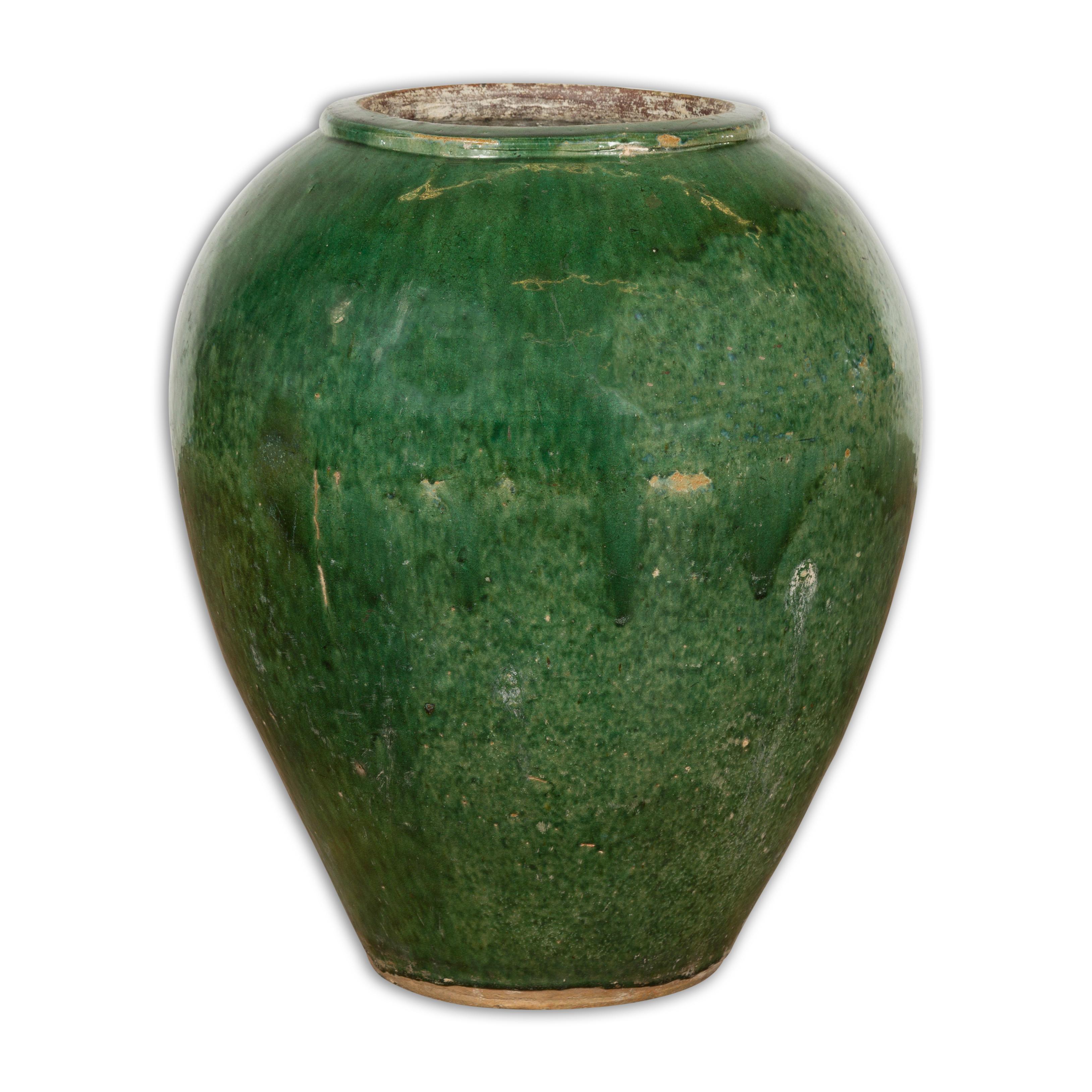 Large Vintage Chinese Vessel Planter with Green Glaze and Brown Accents 7