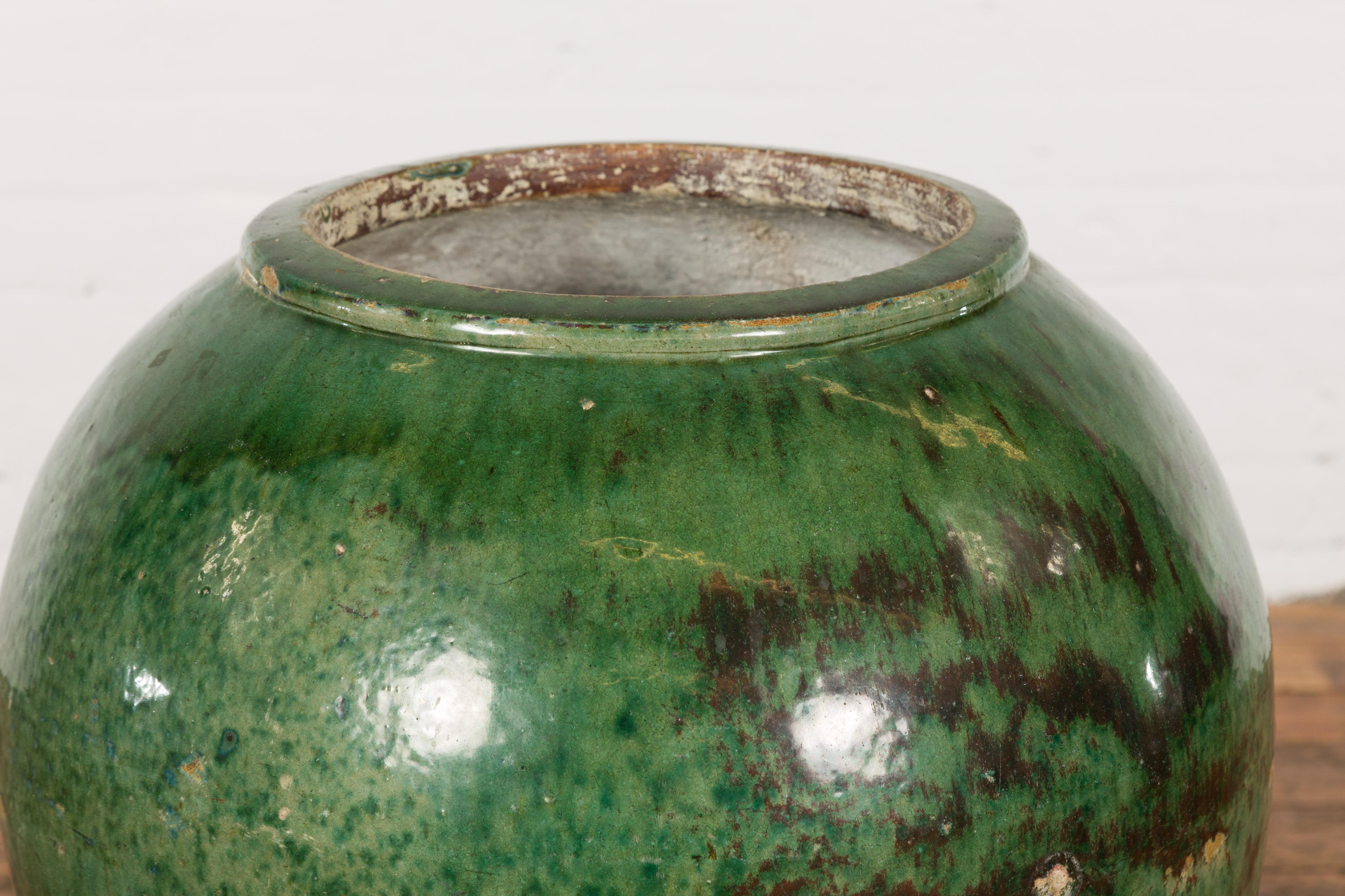 Large Vintage Chinese Vessel Planter with Green Glaze and Brown Accents In Good Condition In Yonkers, NY