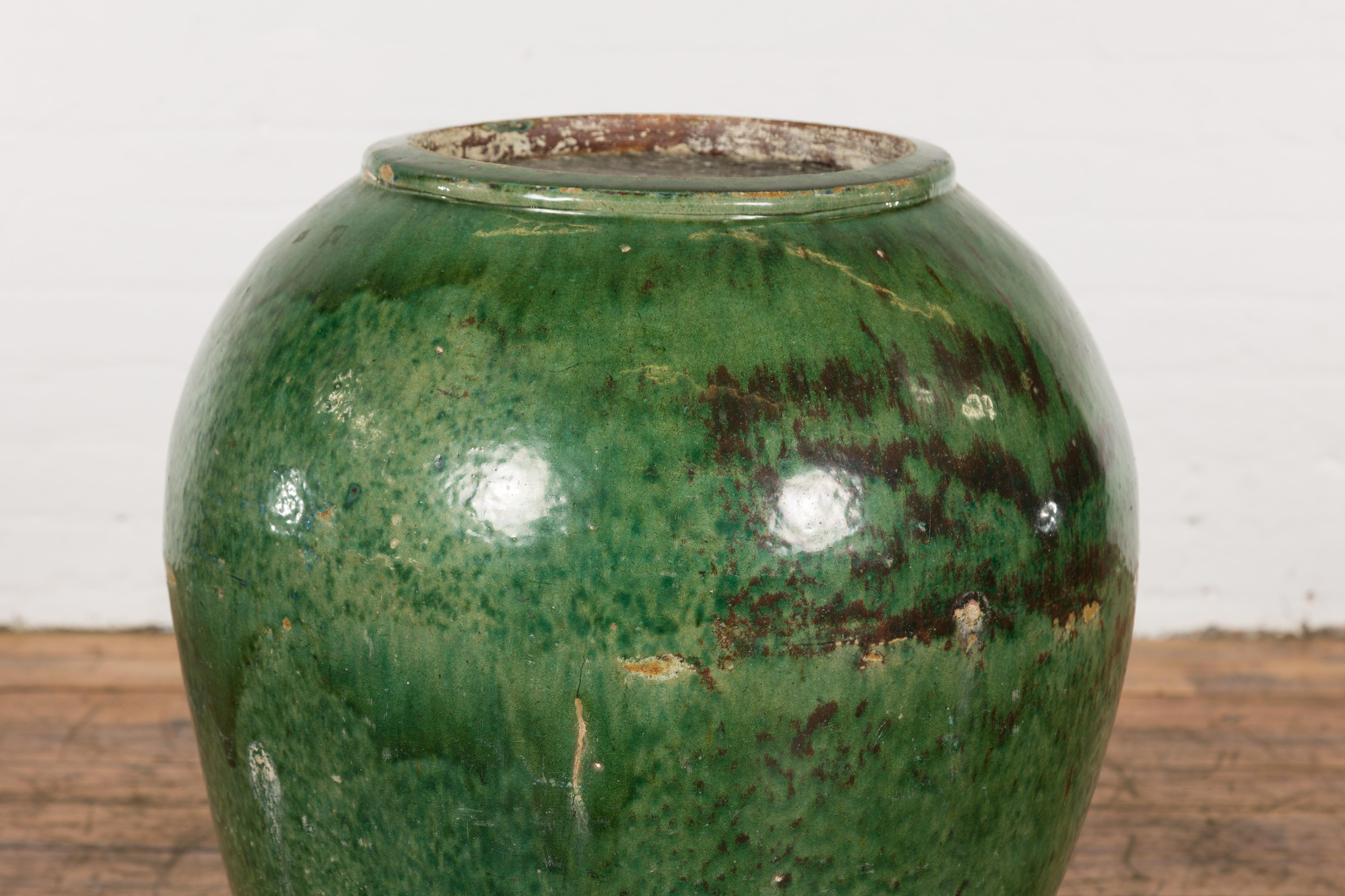 20th Century Large Vintage Chinese Vessel Planter with Green Glaze and Brown Accents