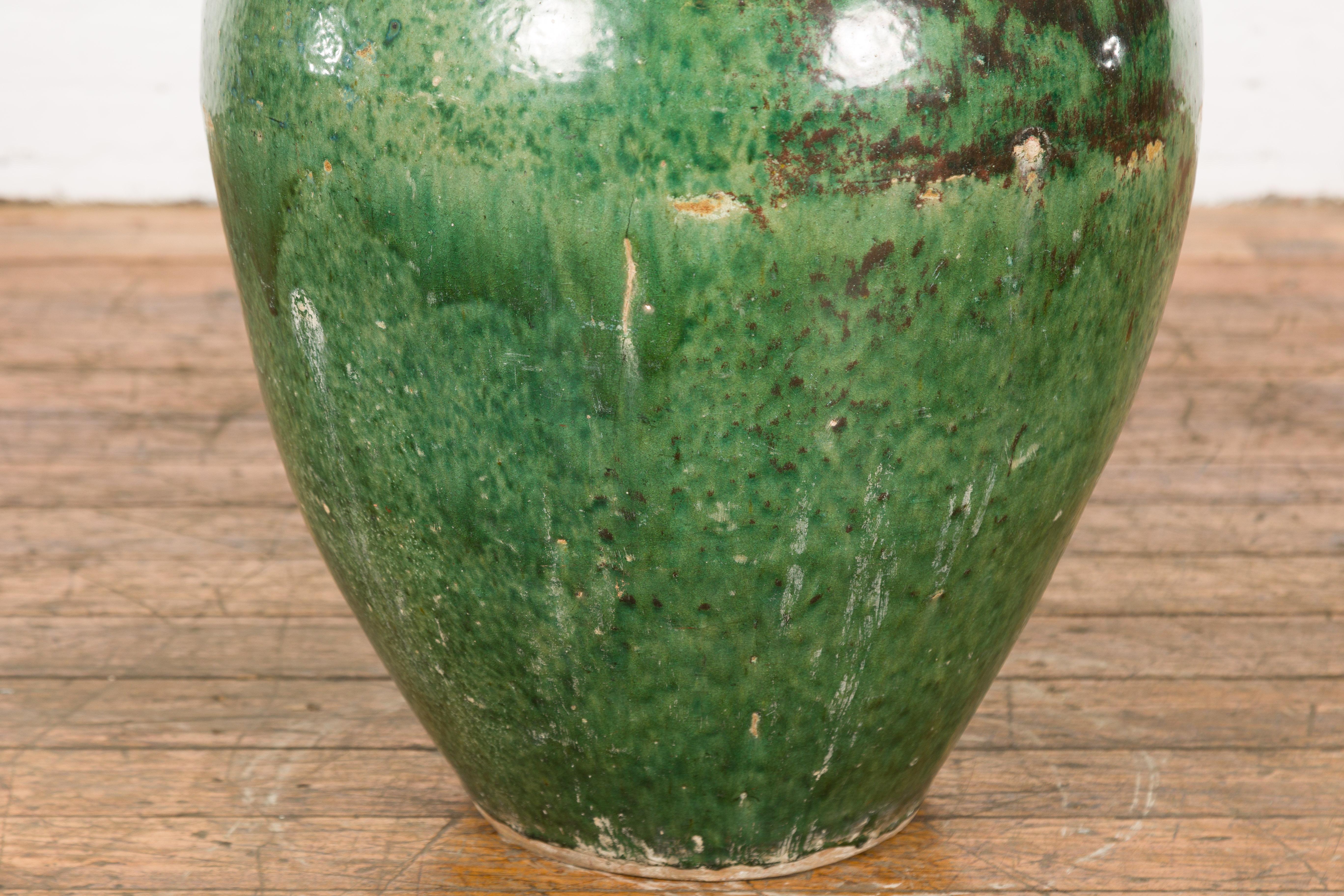 Ceramic Large Vintage Chinese Vessel Planter with Green Glaze and Brown Accents