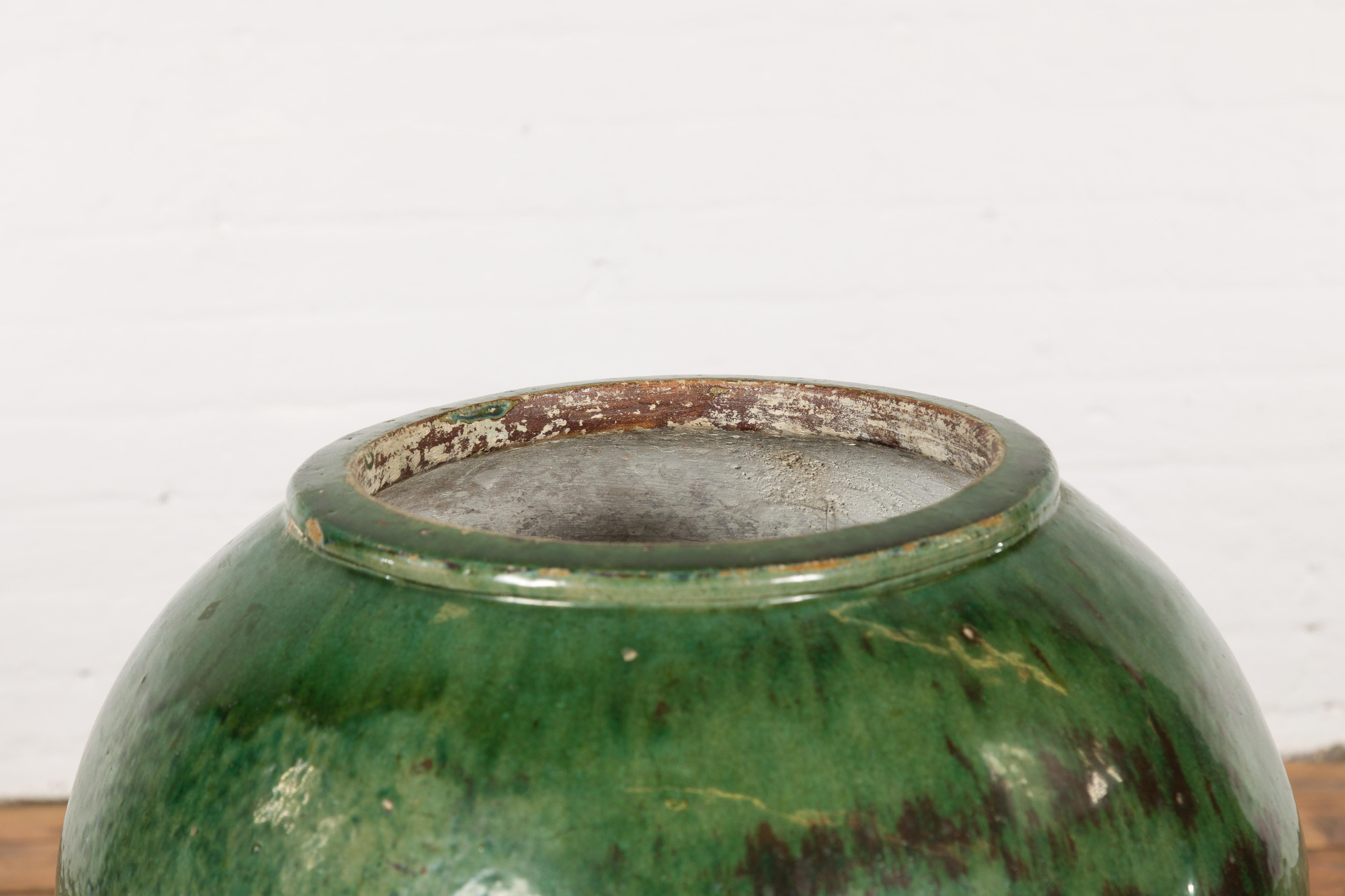 Large Vintage Chinese Vessel Planter with Green Glaze and Brown Accents 1
