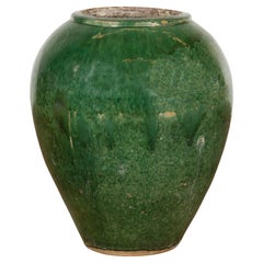 Large Vintage Chinese Vessel Planter with Green Glaze and Brown Accents