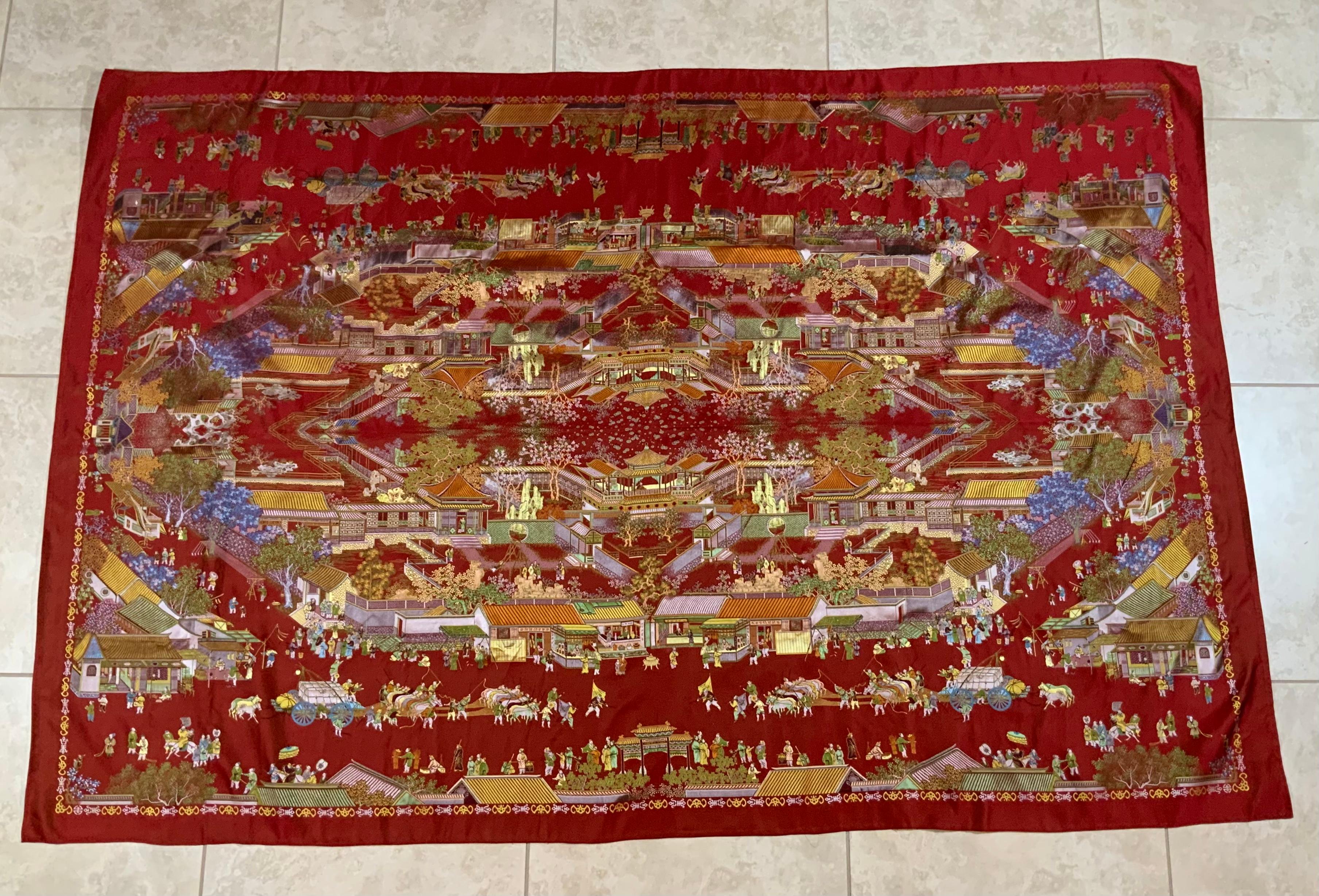 Exceptional Chinese textile depicting classic Chinese scenery of flowers, garden , pagoda, playground ,market and people. All in vivid and beautiful colors on a vibrant red background.
sturdy, could use as wall hanging or over a couch, great