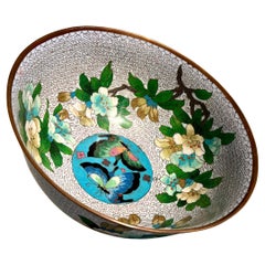 Large Vintage Chinese White Cloisonne Butterfly Bowl, 1950's, China